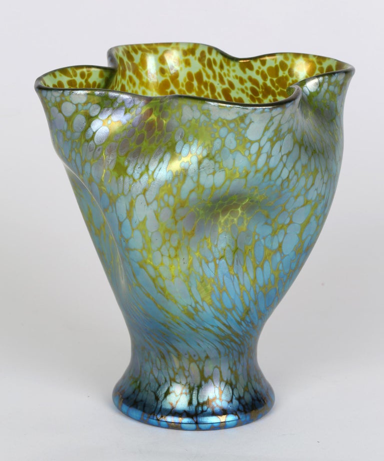 Blown Glass Loetz Crete Papillon Iridescent Green Glass Pinched Design Vase For Sale