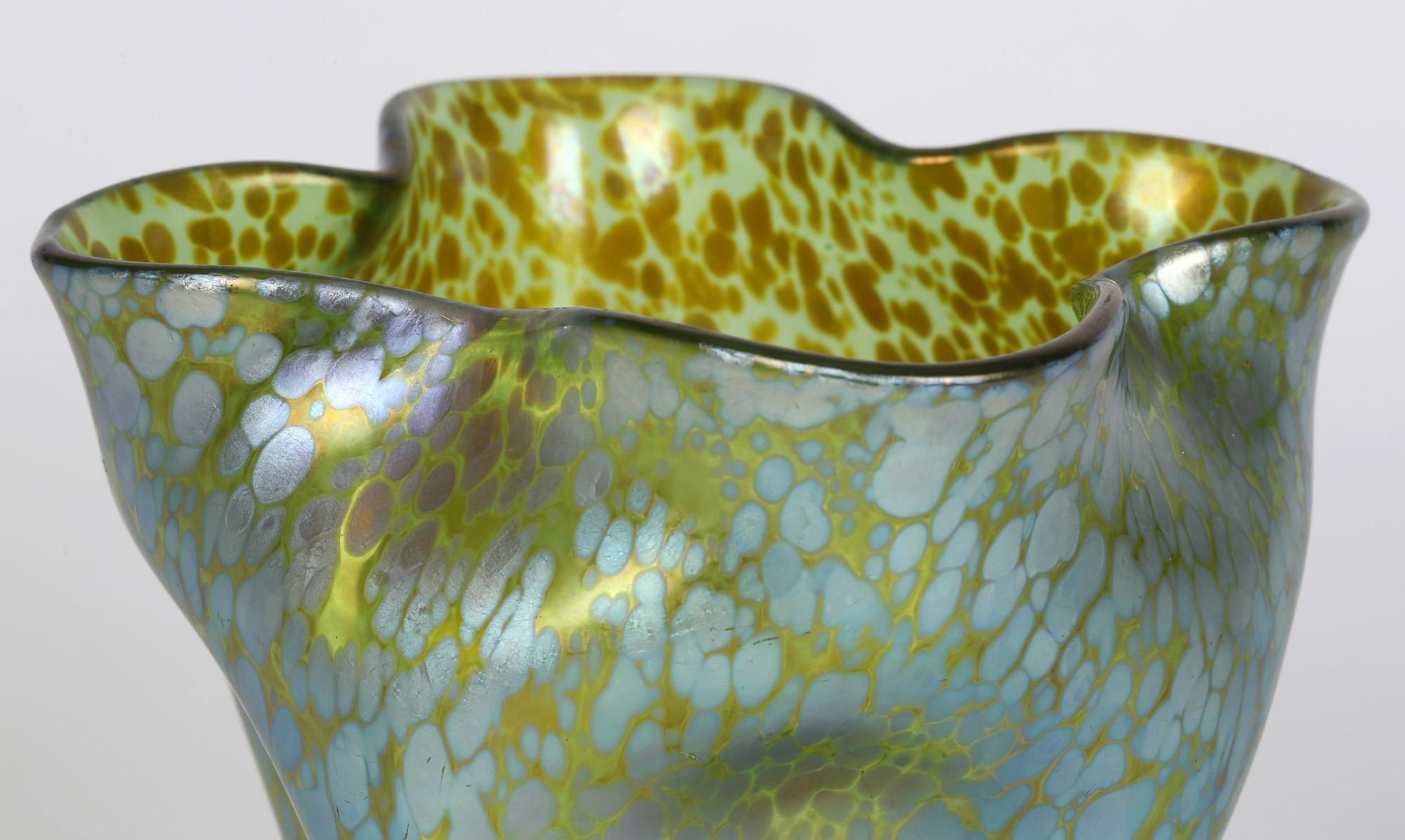 Late 19th Century Loetz Crete Papillon Iridescent Green Glass Pinched Design Vase
