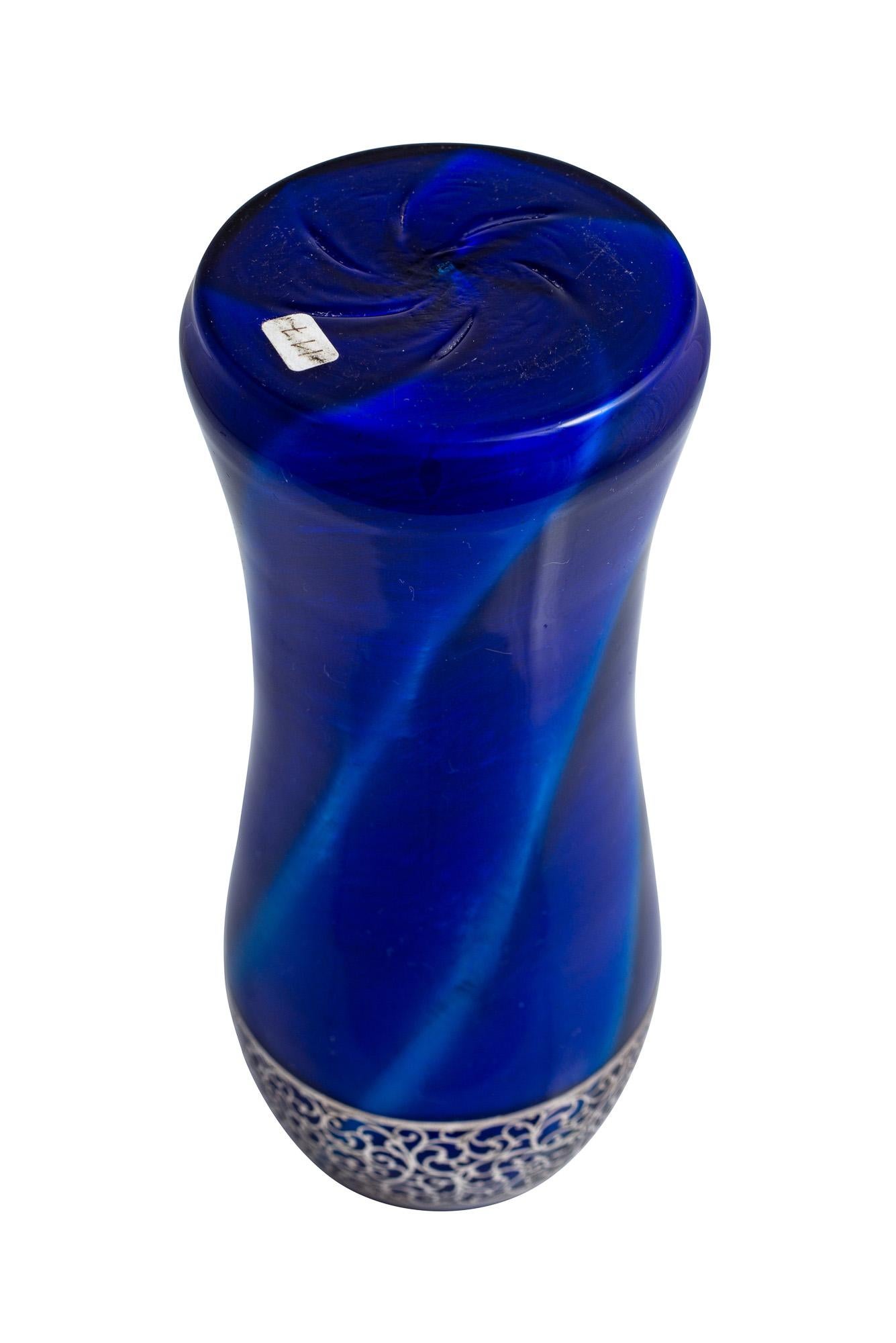 Art Nouveau Loetz Deep Blue Vase Applied Silver Overlay, circa 1907 For Sale