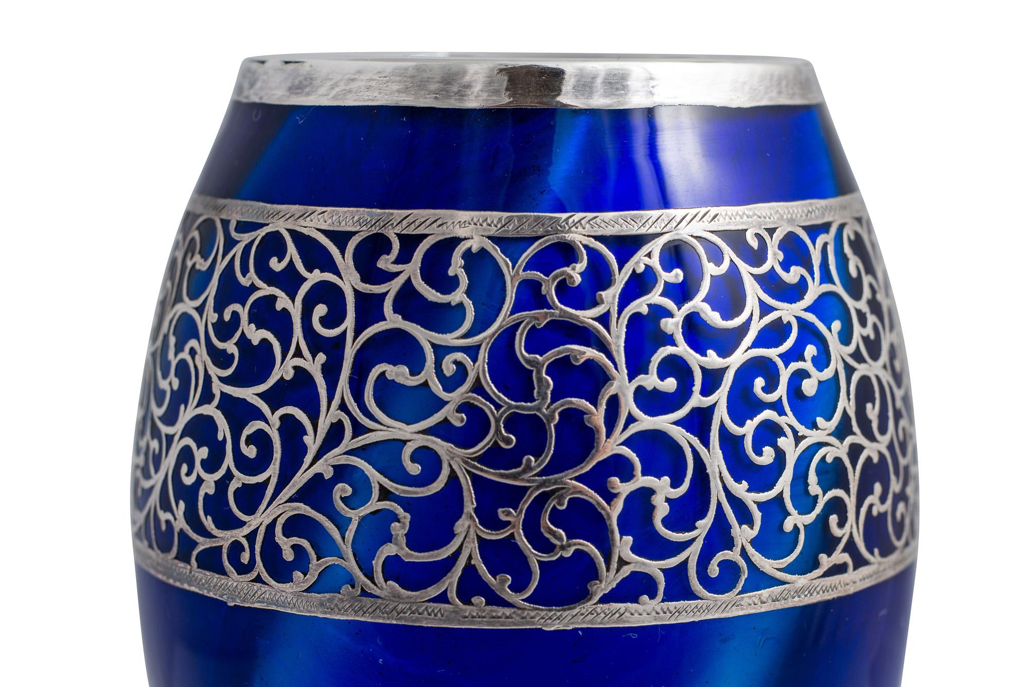 Austrian Loetz Deep Blue Vase Applied Silver Overlay, circa 1907 For Sale