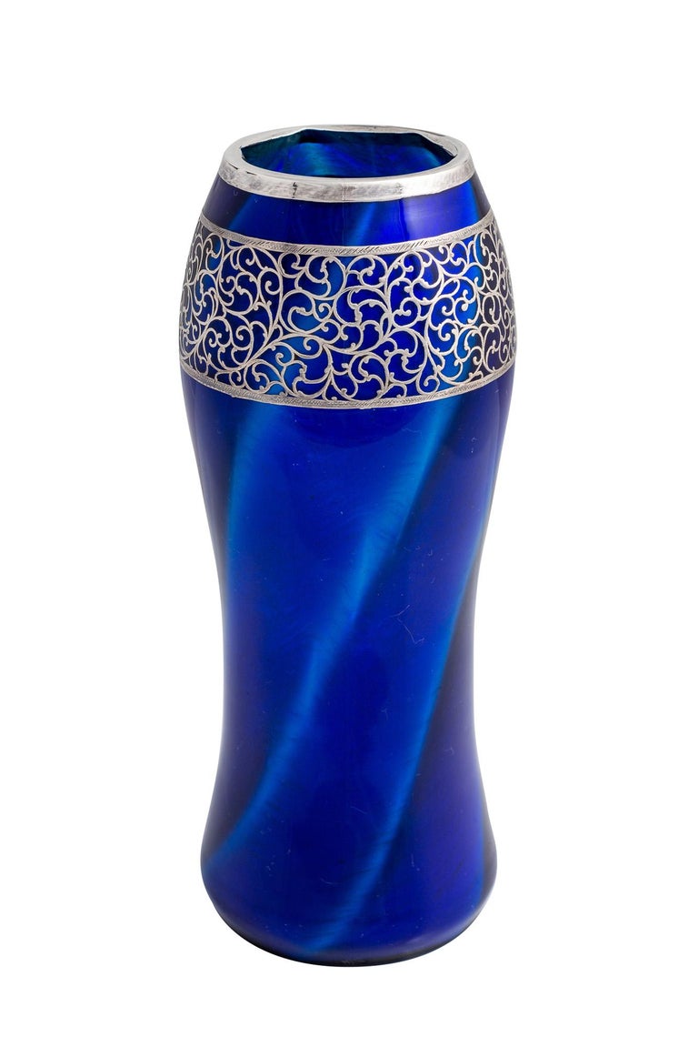 Loetz Deep Blue Vase Applied Silver Overlay, circa 1907 For Sale at 1stDibs