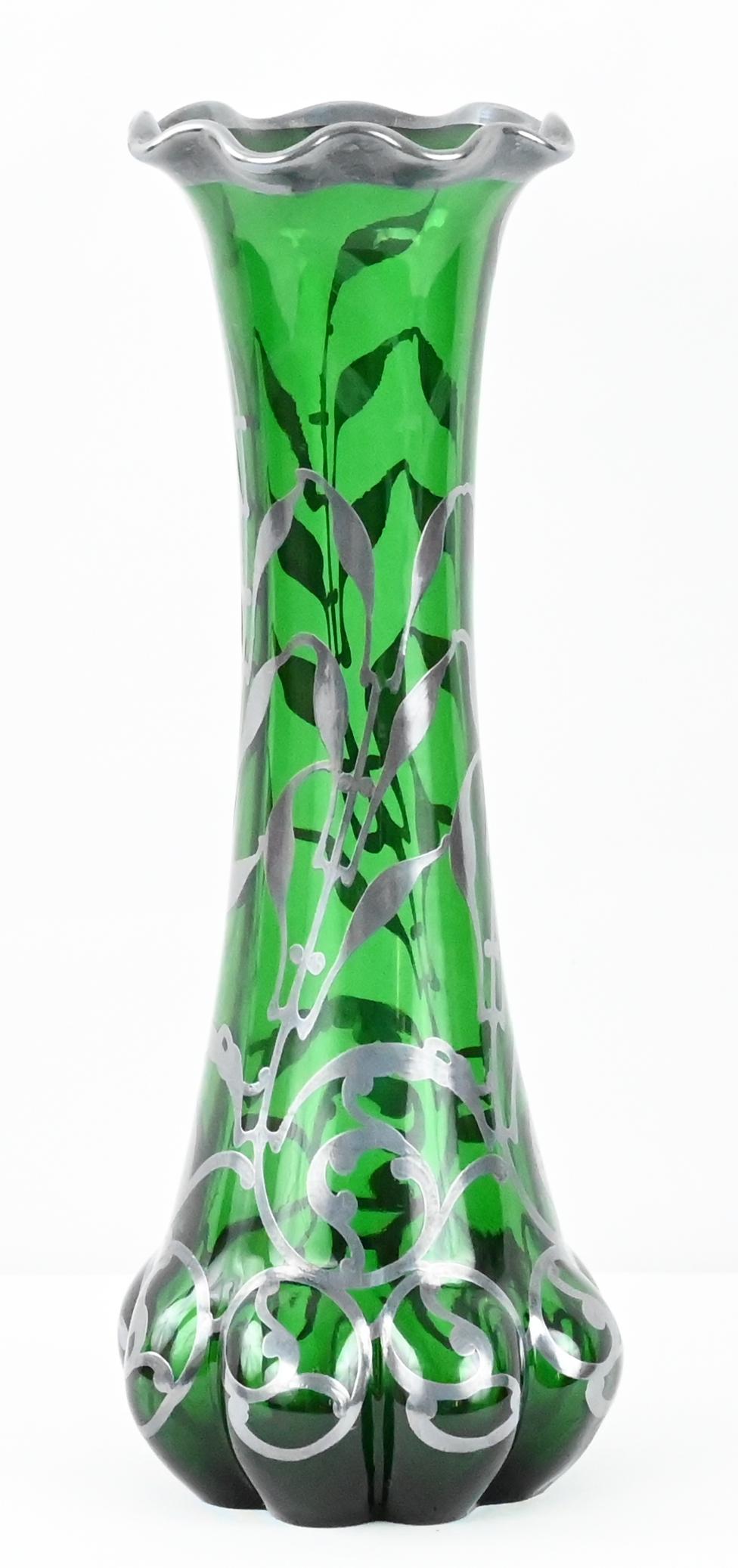 Loetz Green Glass Vase with Alvin Sterling Silver Overlay  For Sale 4