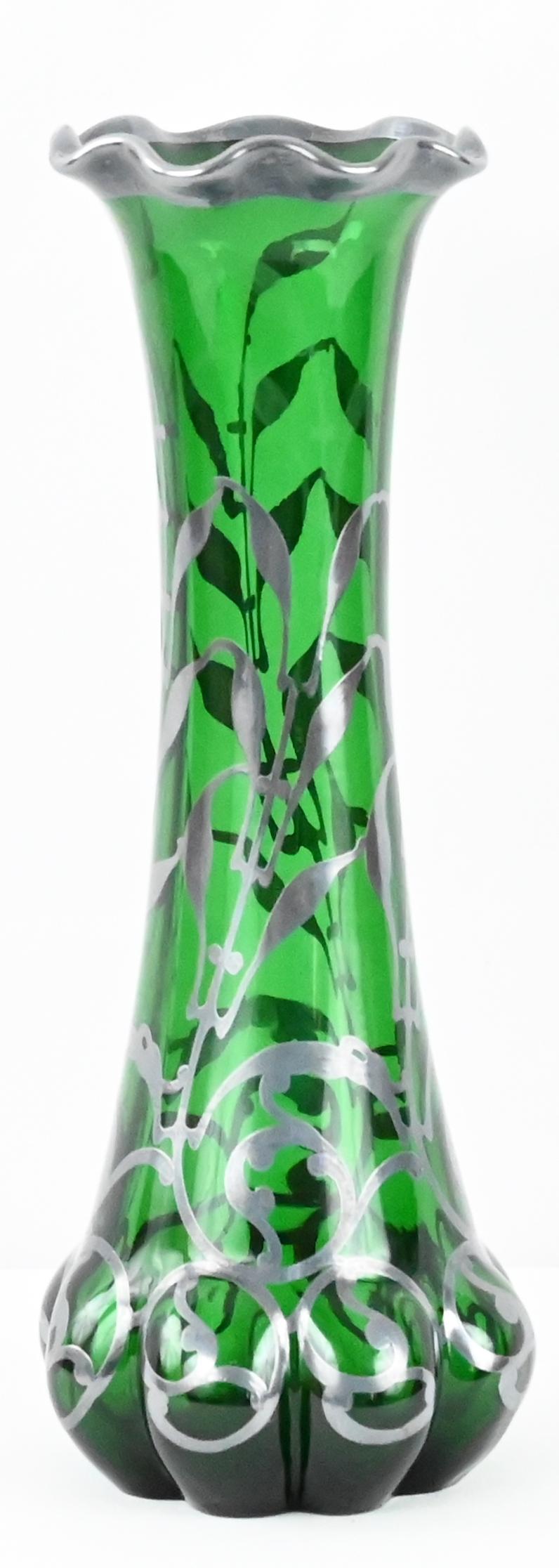 Loetz Green Glass Vase with Alvin Sterling Silver Overlay  For Sale 5