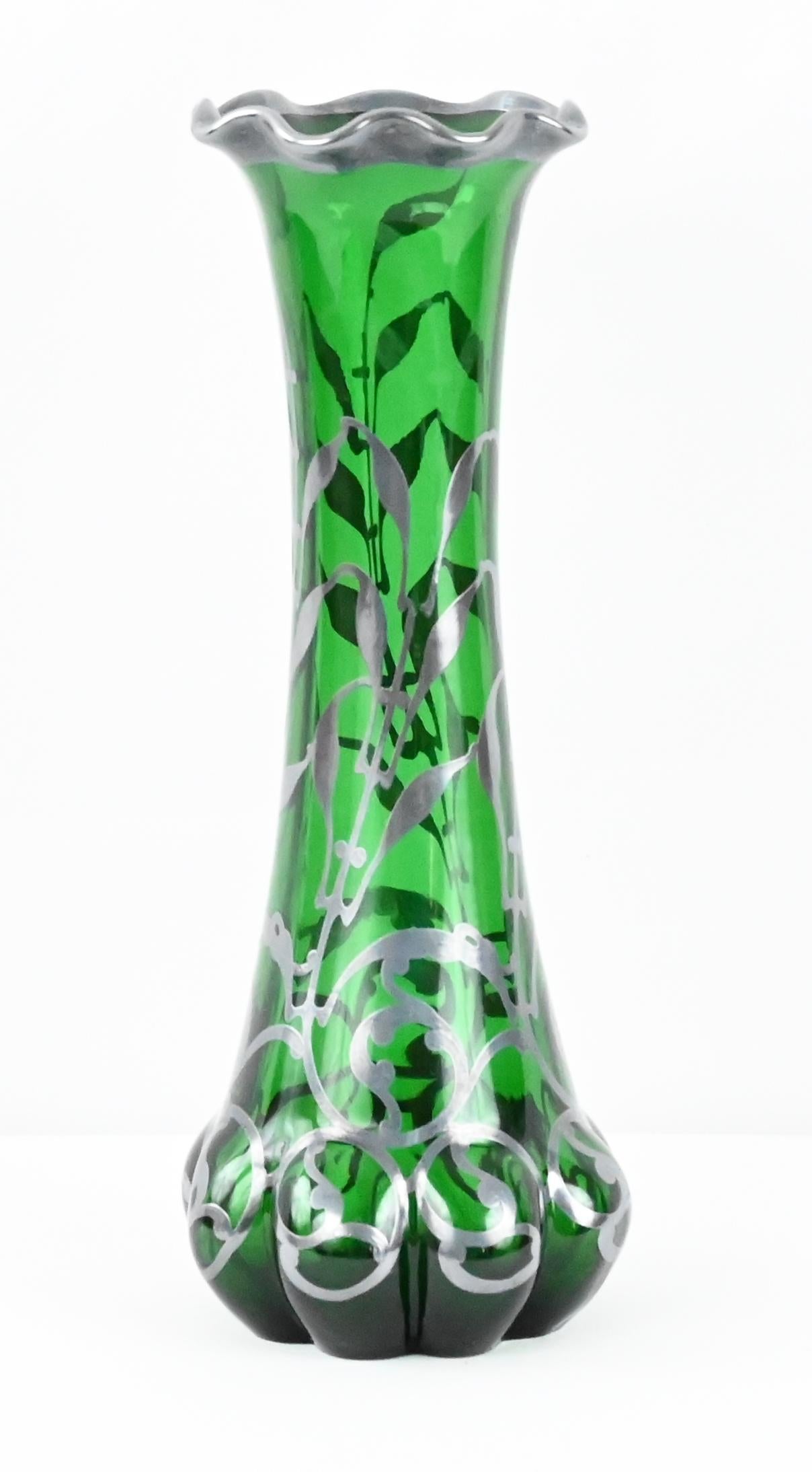 Loetz Green Glass Vase with Alvin Sterling Silver Overlay  For Sale 6