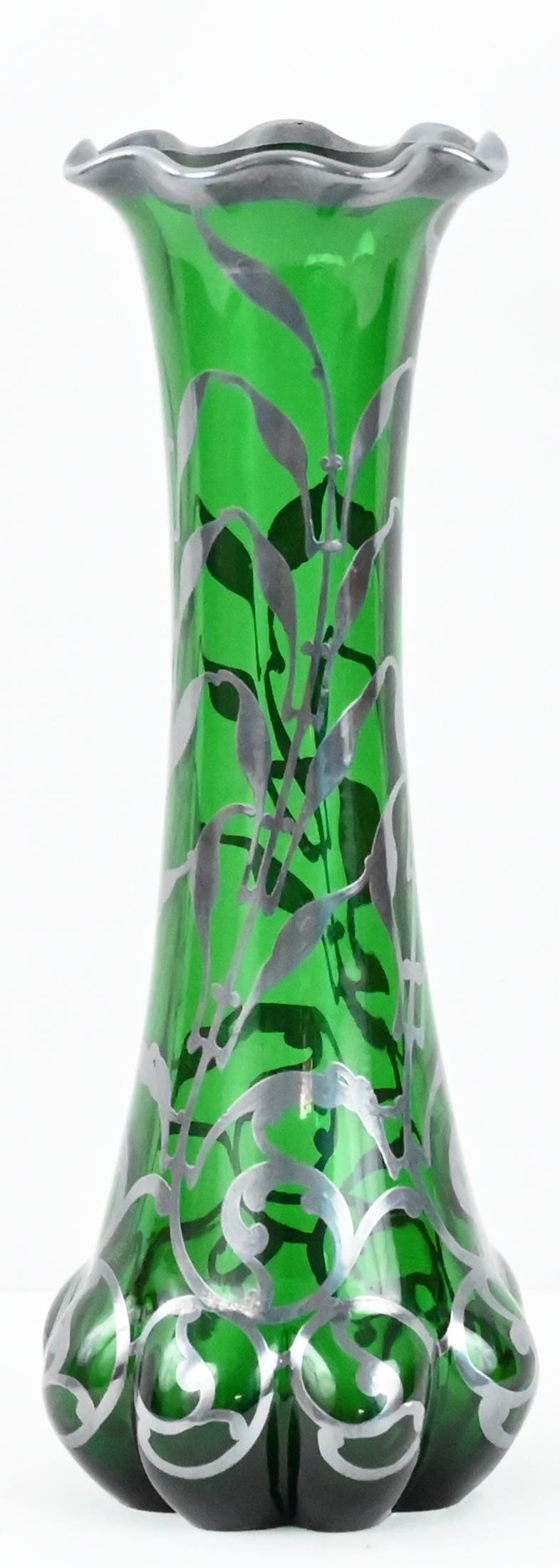 Art Nouveau Loetz Green Glass Vase with Alvin Sterling Silver Overlay  For Sale