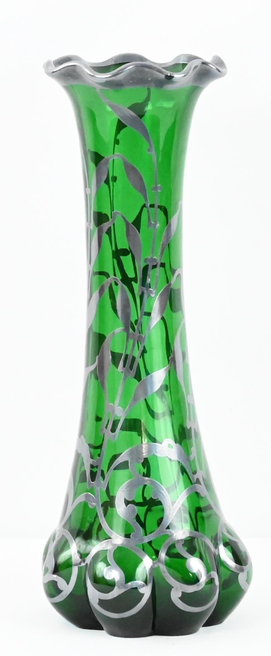 Austrian Loetz Green Glass Vase with Alvin Sterling Silver Overlay  For Sale