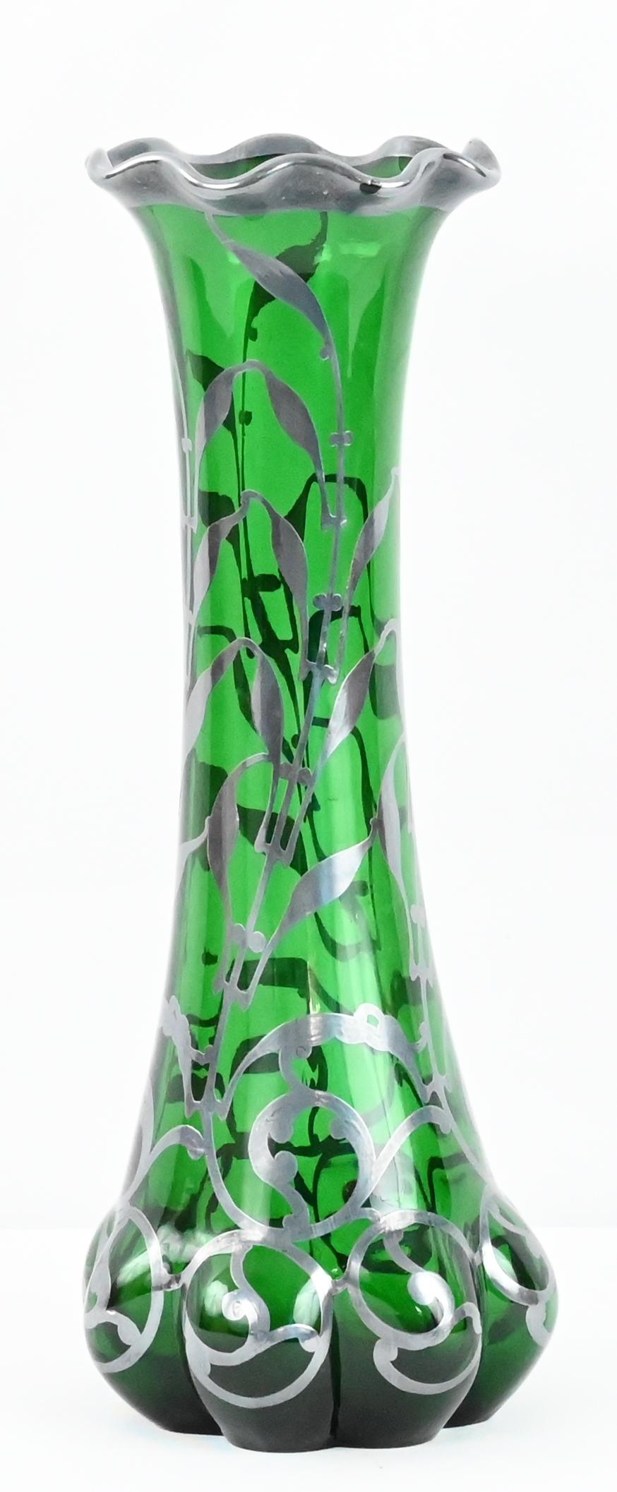 Loetz Green Glass Vase with Alvin Sterling Silver Overlay  In Good Condition For Sale In Miami, FL