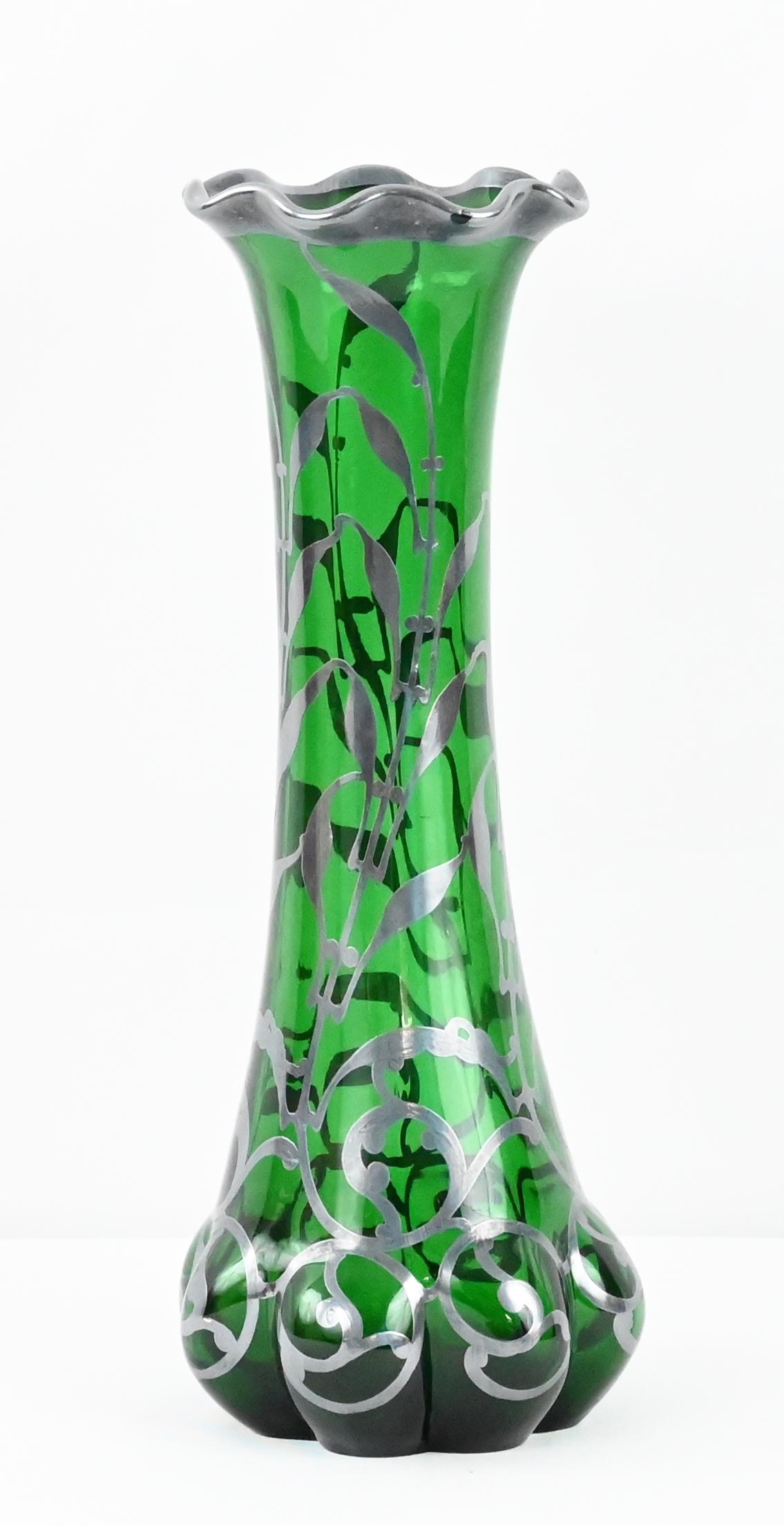 19th Century Loetz Green Glass Vase with Alvin Sterling Silver Overlay  For Sale