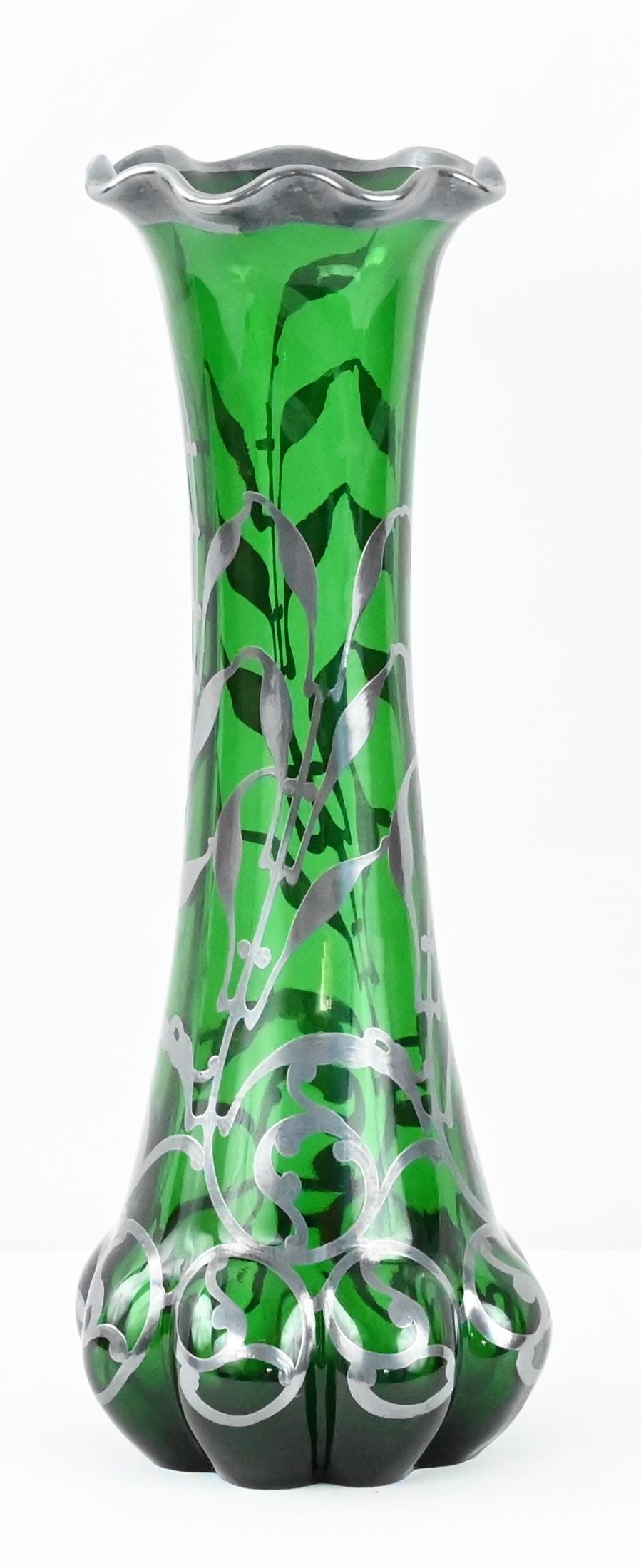 Loetz Green Glass Vase with Alvin Sterling Silver Overlay  For Sale 1