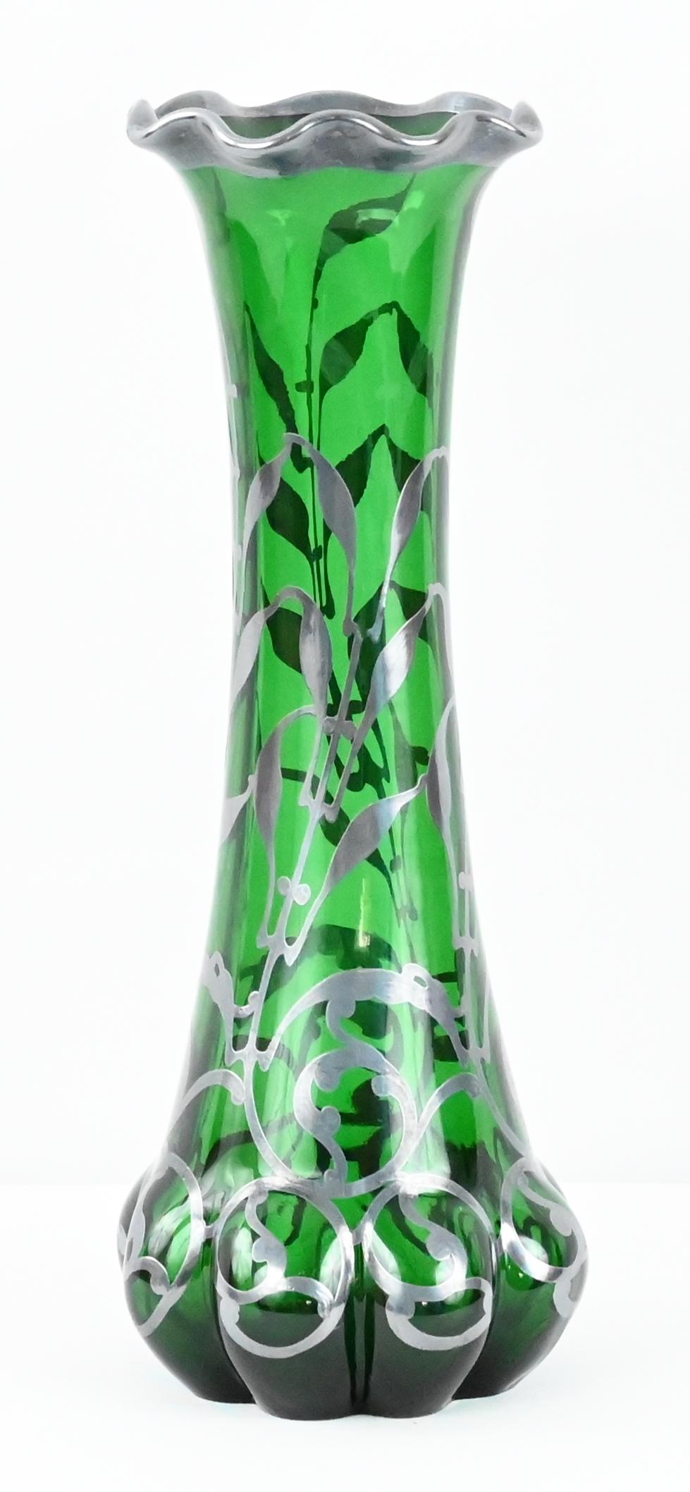 Loetz Green Glass Vase with Alvin Sterling Silver Overlay  For Sale 2