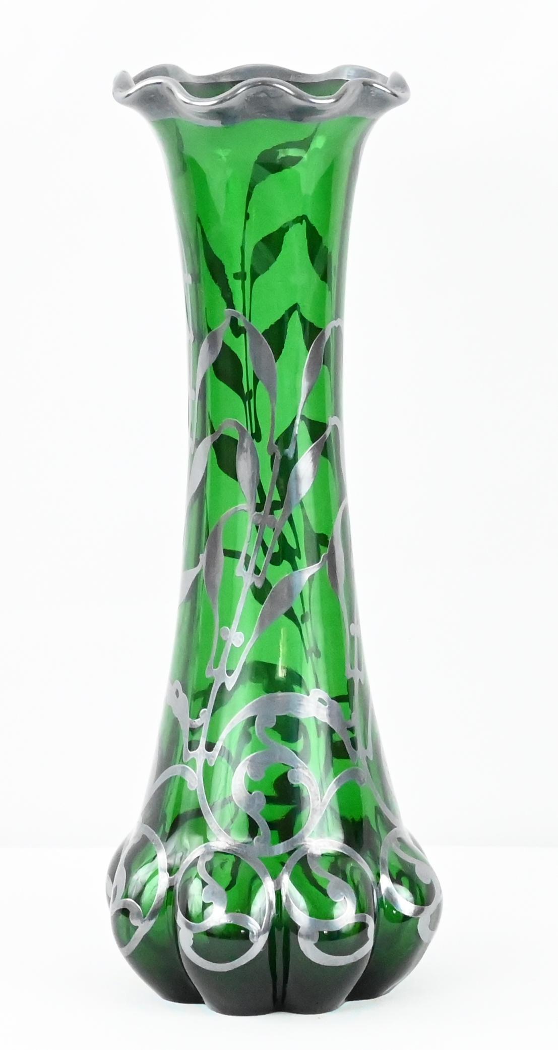 Loetz Green Glass Vase with Alvin Sterling Silver Overlay  For Sale 3
