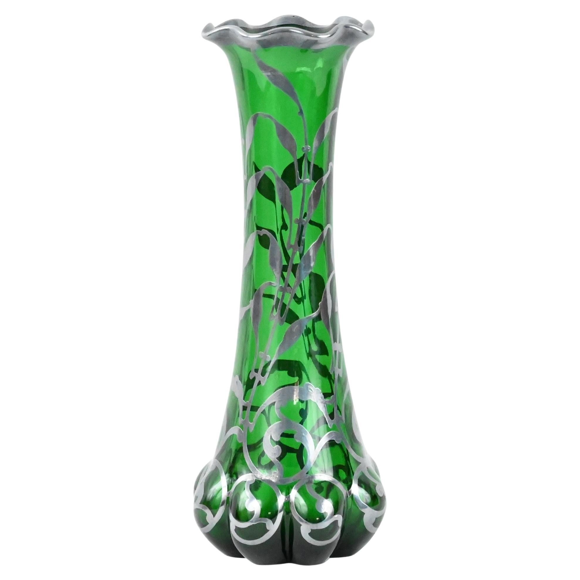 Loetz Green Glass Vase with Alvin Sterling Silver Overlay  For Sale