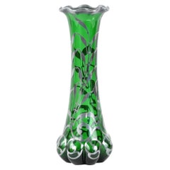 Antique Loetz Green Glass Vase with Alvin Sterling Silver Overlay 