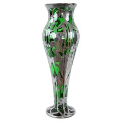 Antique Loetz Glass "Titania" Art Nouveau Green Silver Overlay Vase
