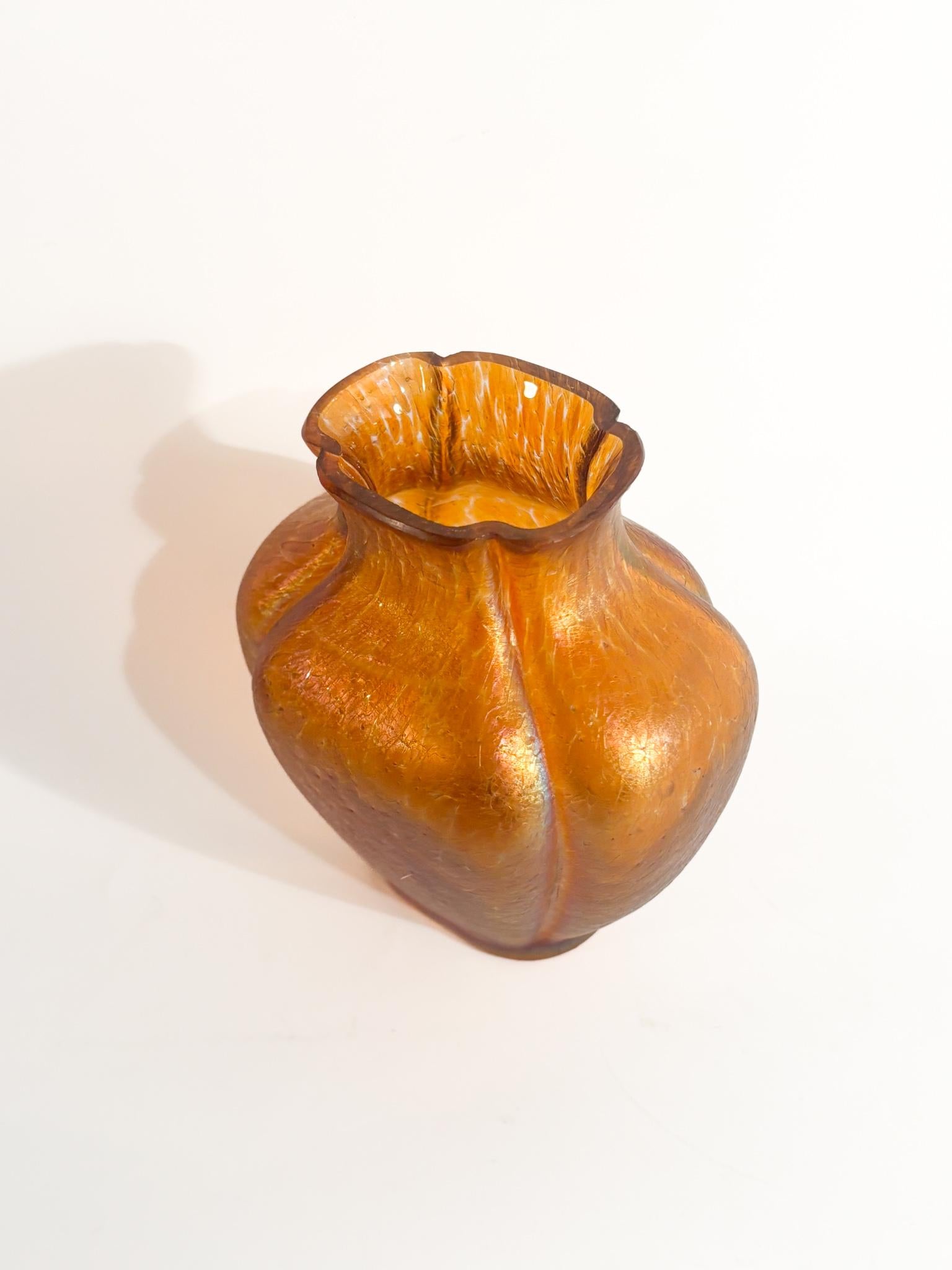 Art Nouveau Loetz Glass Vase Pink and Orange Iridescent 1950s For Sale