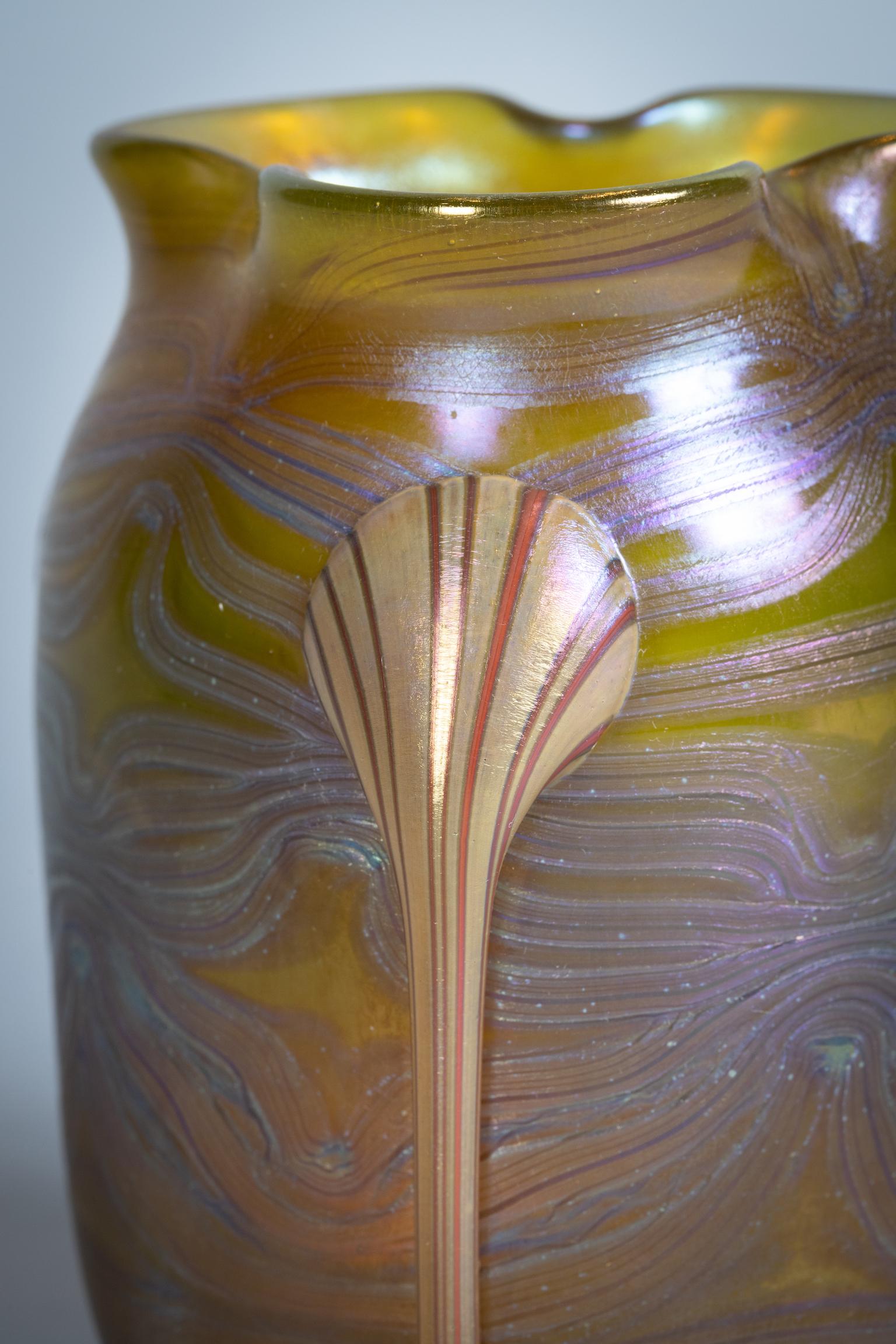 Loetz Glass Vase with Applied Handles, circa 1910 In Excellent Condition For Sale In New York, NY