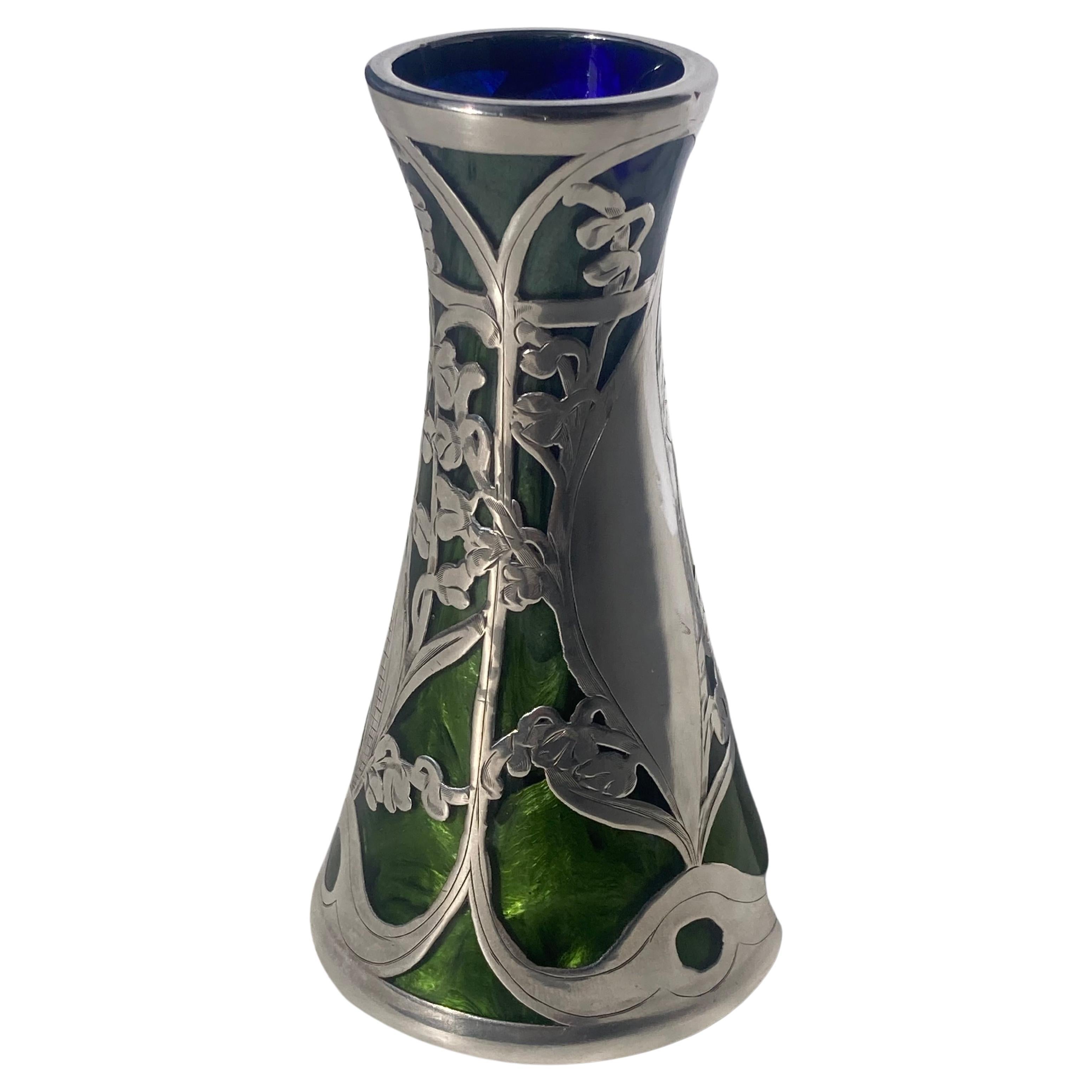 Loetz, Glass "Titania" Silver Overlay Art Nouveau Vase, Swirl Green, Blue