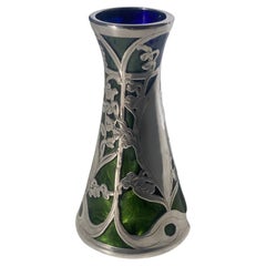Antique Loetz, Glass "Titania" Silver Overlay Art Nouveau Vase, Swirl Green, Blue