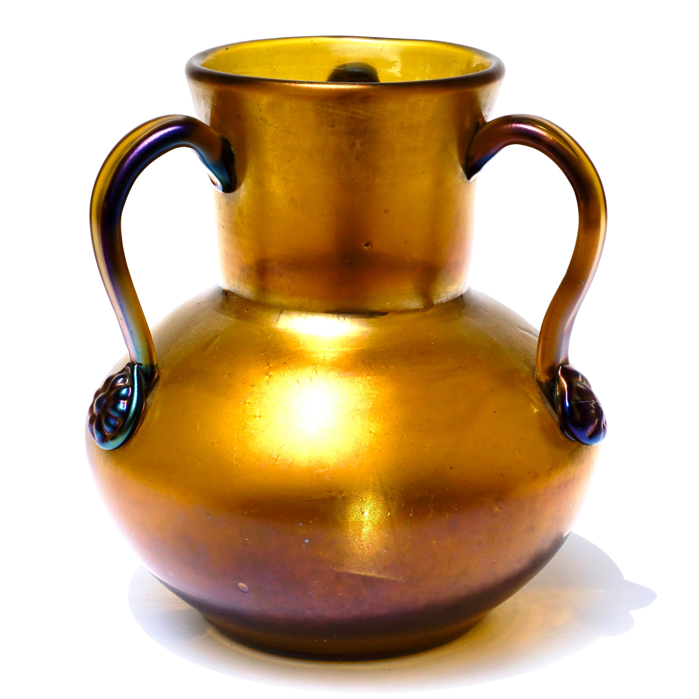 Art Nouveau Loetz Glatt Bronze Three Handled Glass Vase For Sale