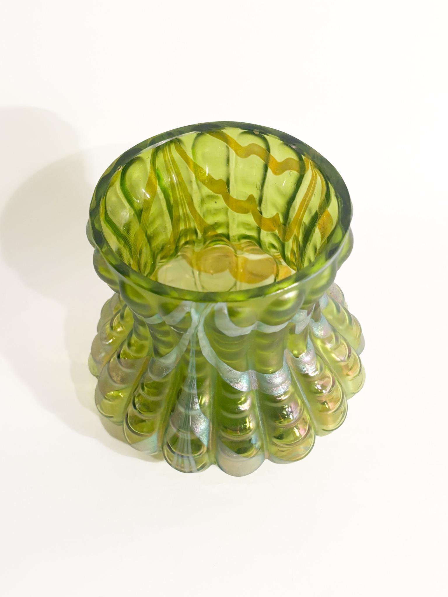 Art Nouveau Loetz Green and Iridescent Silver Glass Vase 1950s in vendita