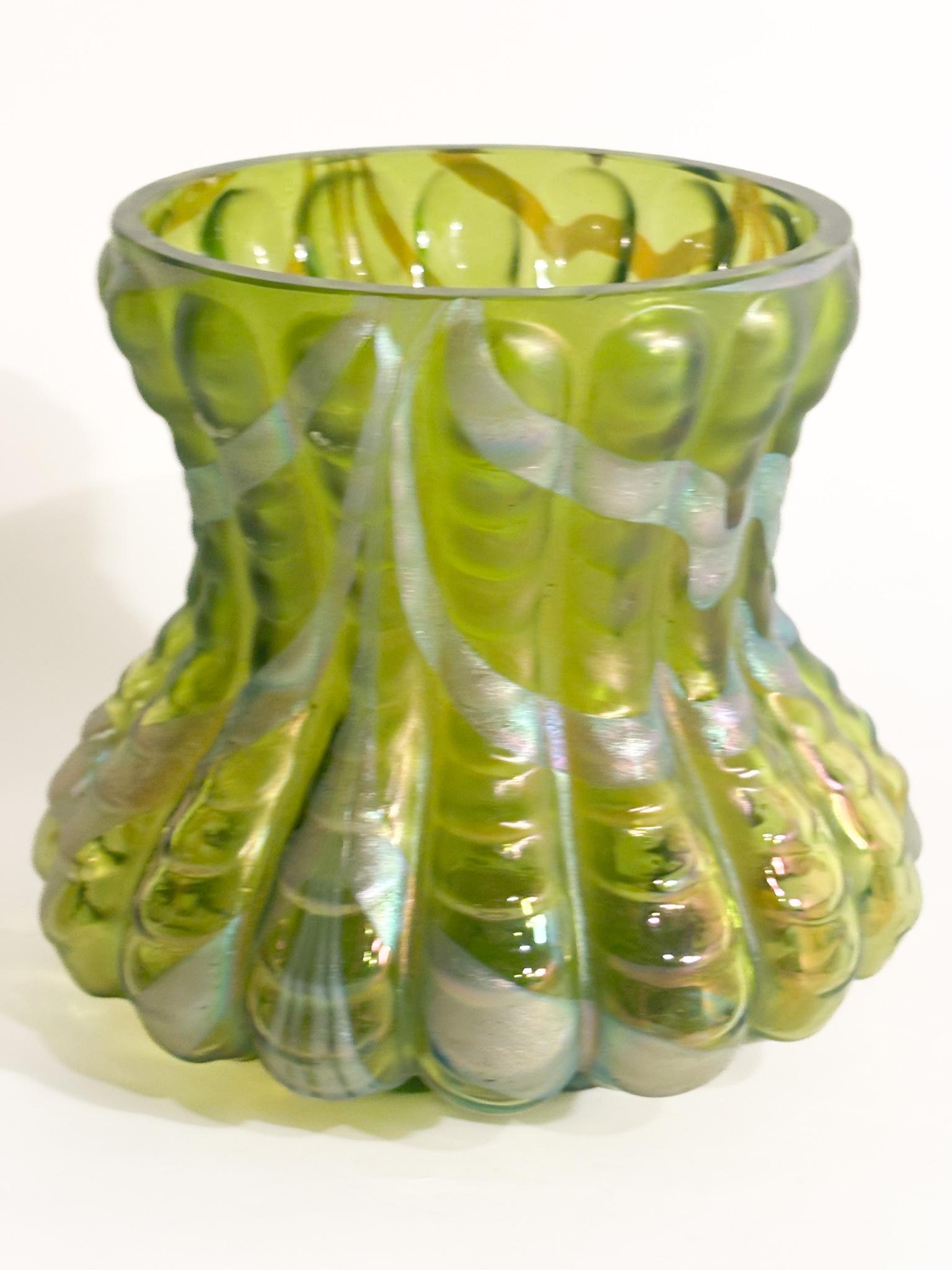 Austriaco Loetz Green and Iridescent Silver Glass Vase 1950s in vendita