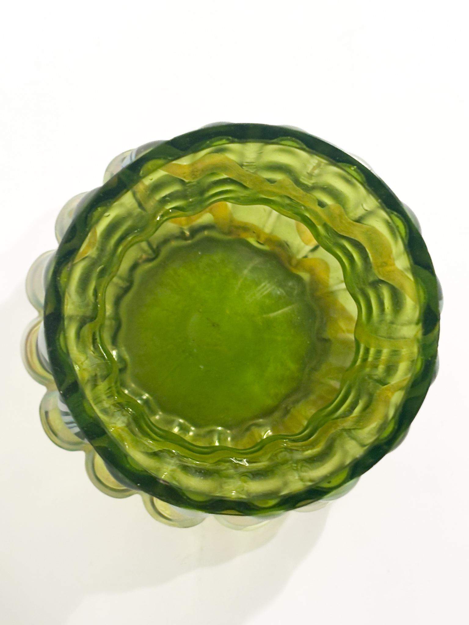 Vetro artistico Loetz Green and Iridescent Silver Glass Vase 1950s in vendita