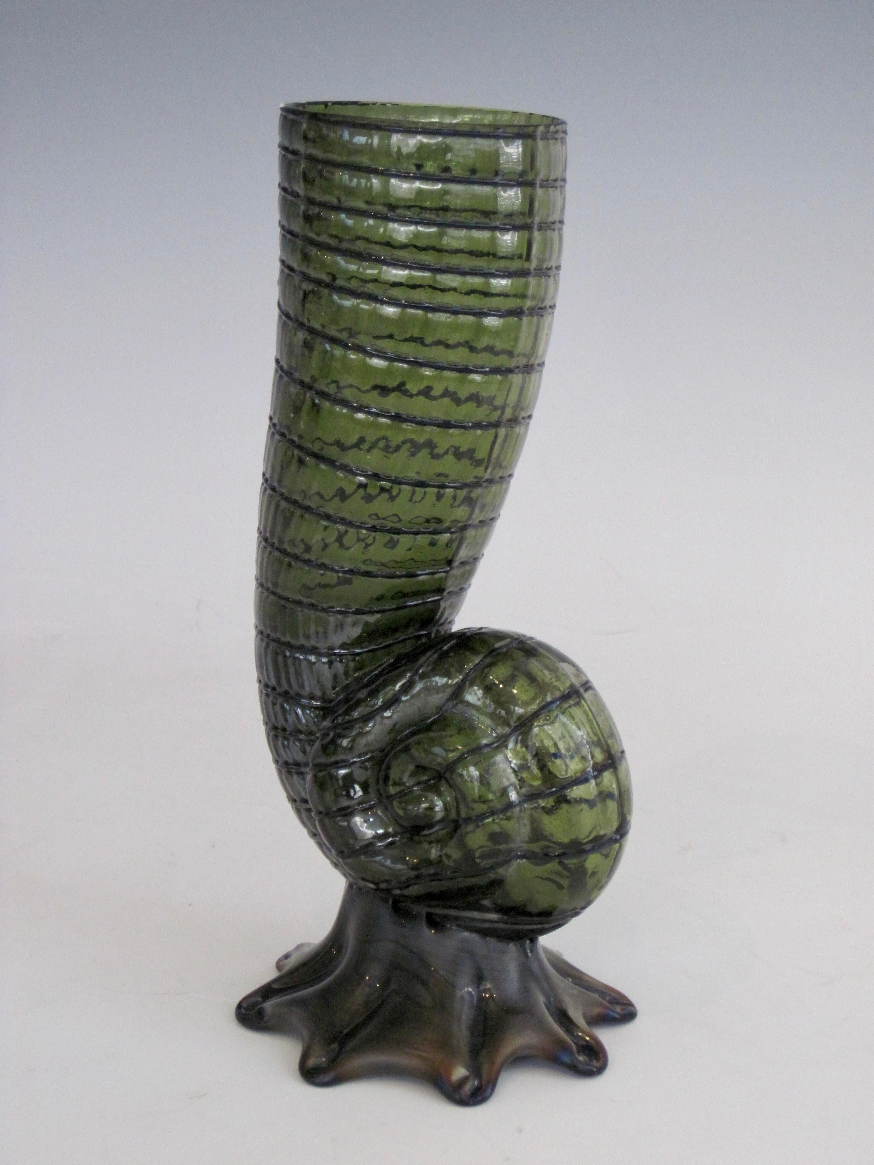 Loetz Green Art Glass Nautilus Shell Vase In Good Condition In Ferndale, MI