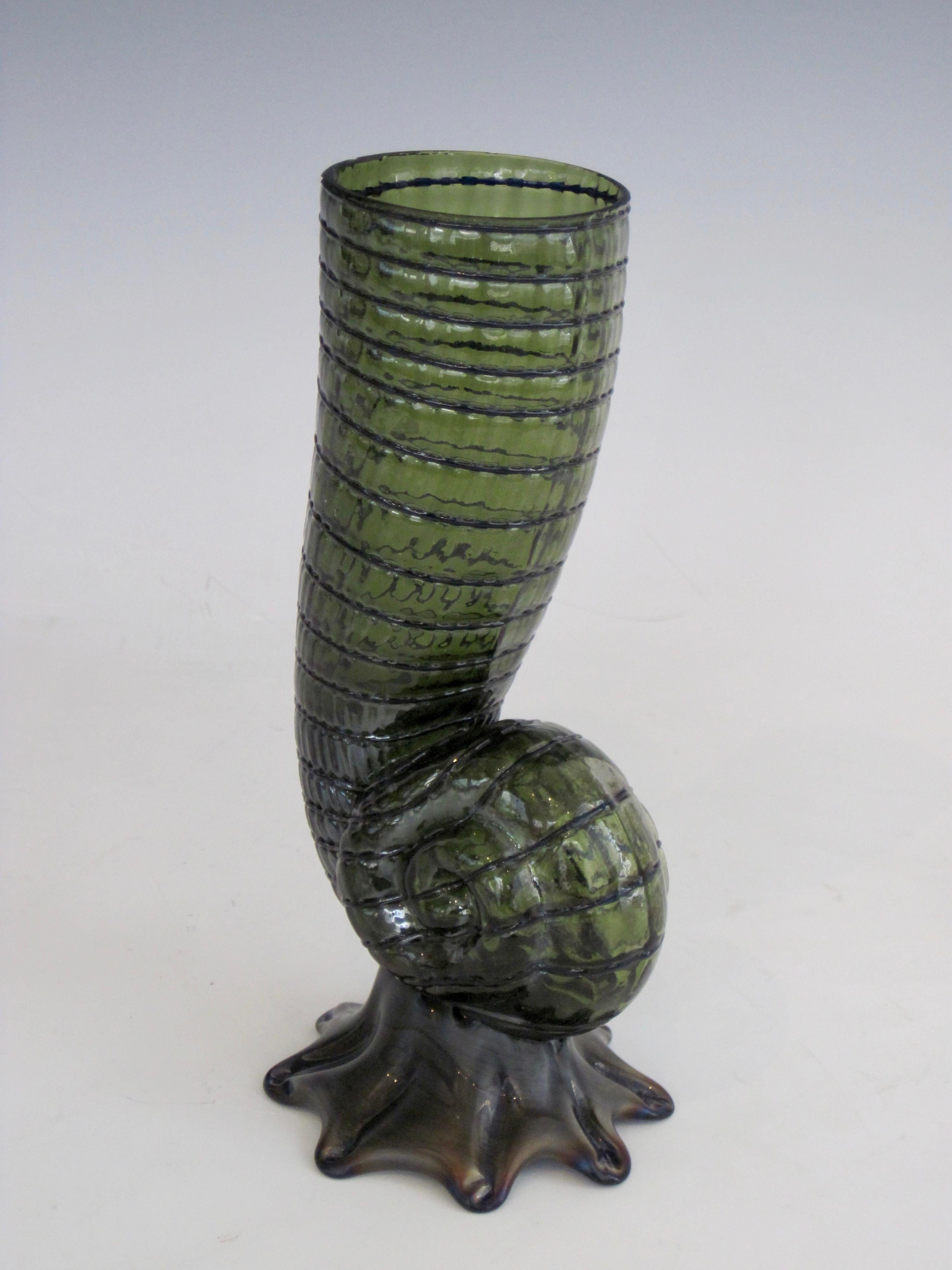 20th Century Loetz Green Art Glass Nautilus Shell Vase