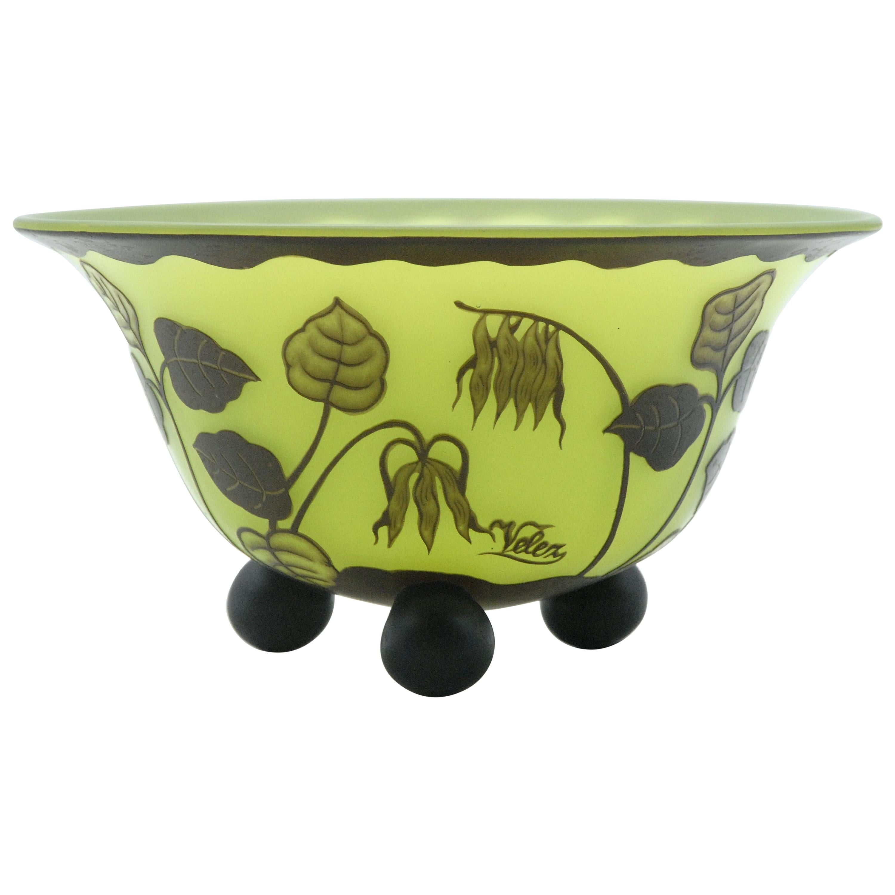 Loetz Green Cameo Glass Bowl Signed Velez, Austria For Sale
