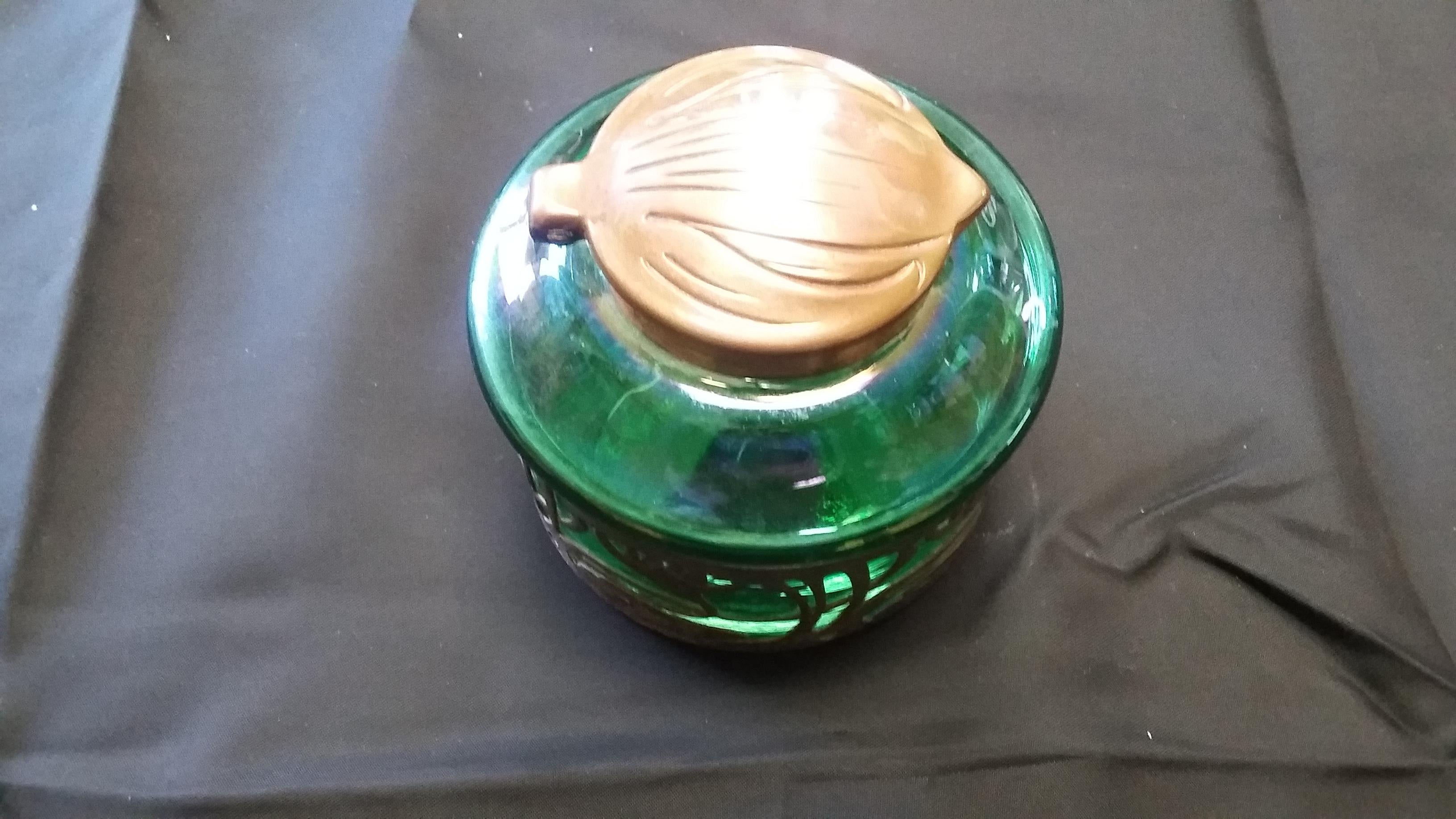 19th Century Antique Iridescent Inkwell Green Art Glass with Copper Top