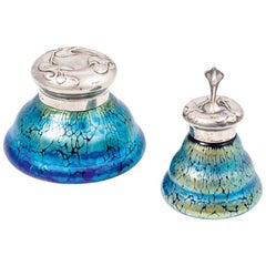 Loetz Inkwells Cobalt Papillon with Silver Mount, circa 1901
