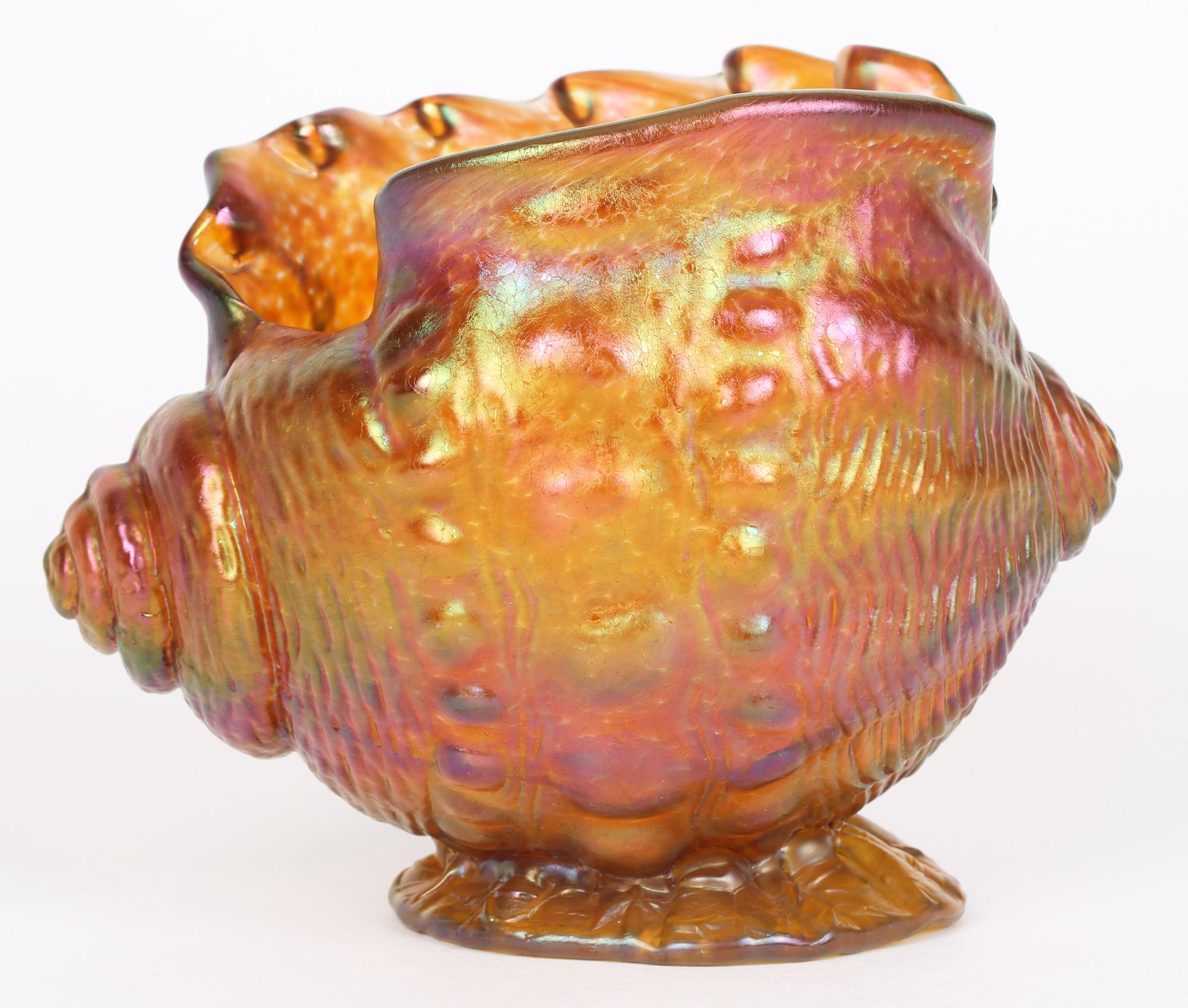 Loetz Iridescent Amber Glass Conch Shell Art Glass Vase 4