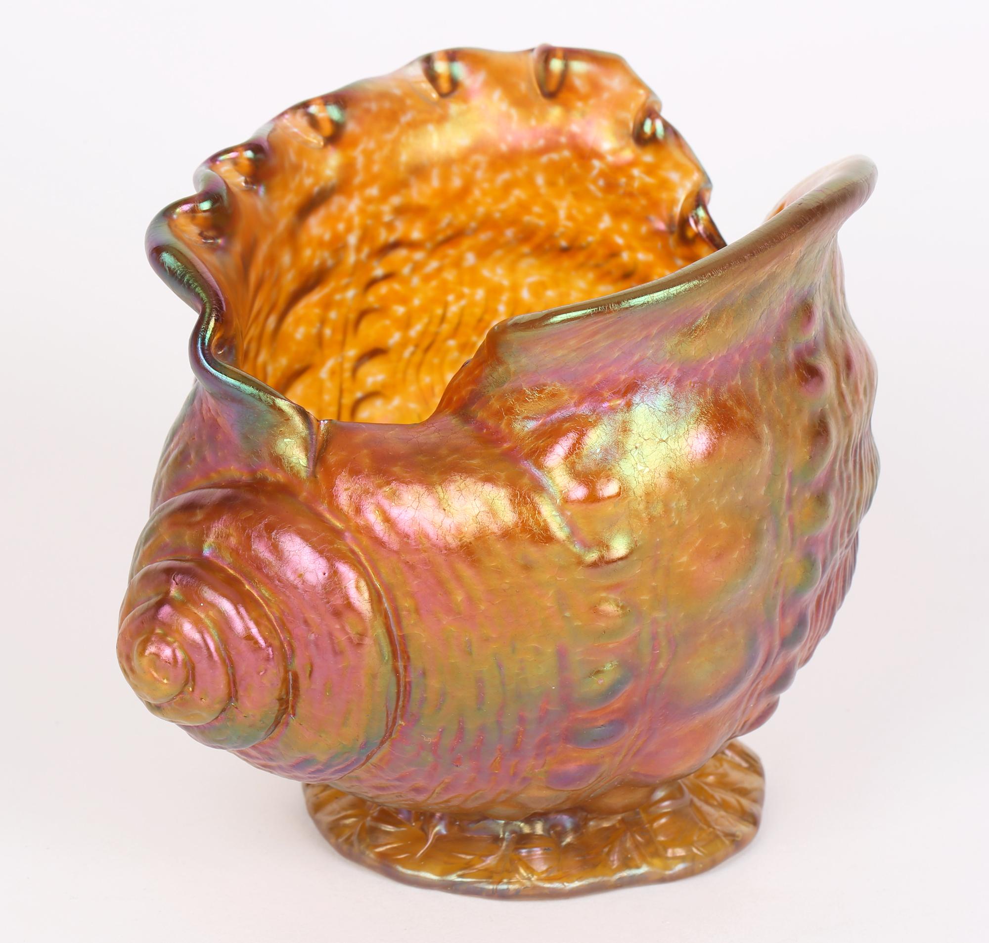 Loetz Iridescent Amber Glass Conch Shell Art Glass Vase 5