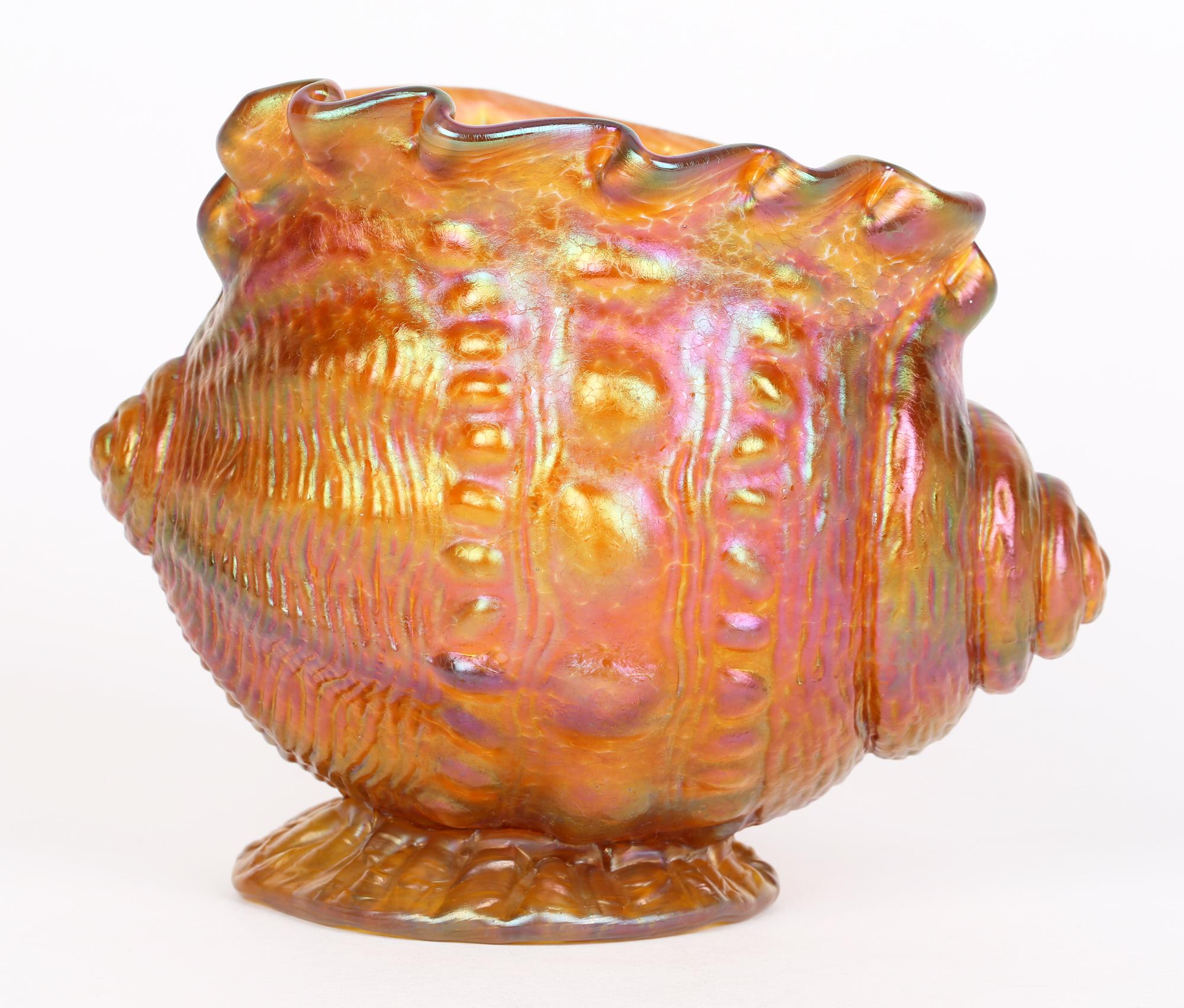 Loetz Iridescent Amber Glass Conch Shell Art Glass Vase 10