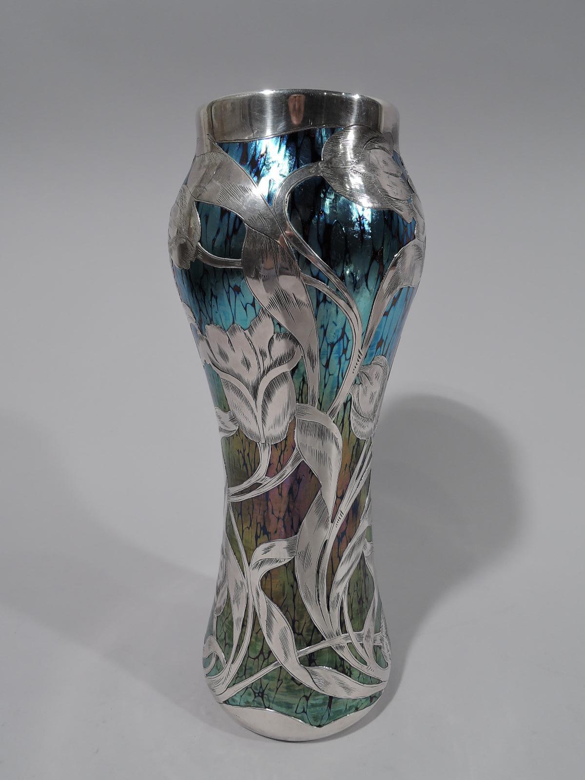 Art Nouveau Loetz Iridescent Glass & Silver Overlay Vase with Dramatic Blooms