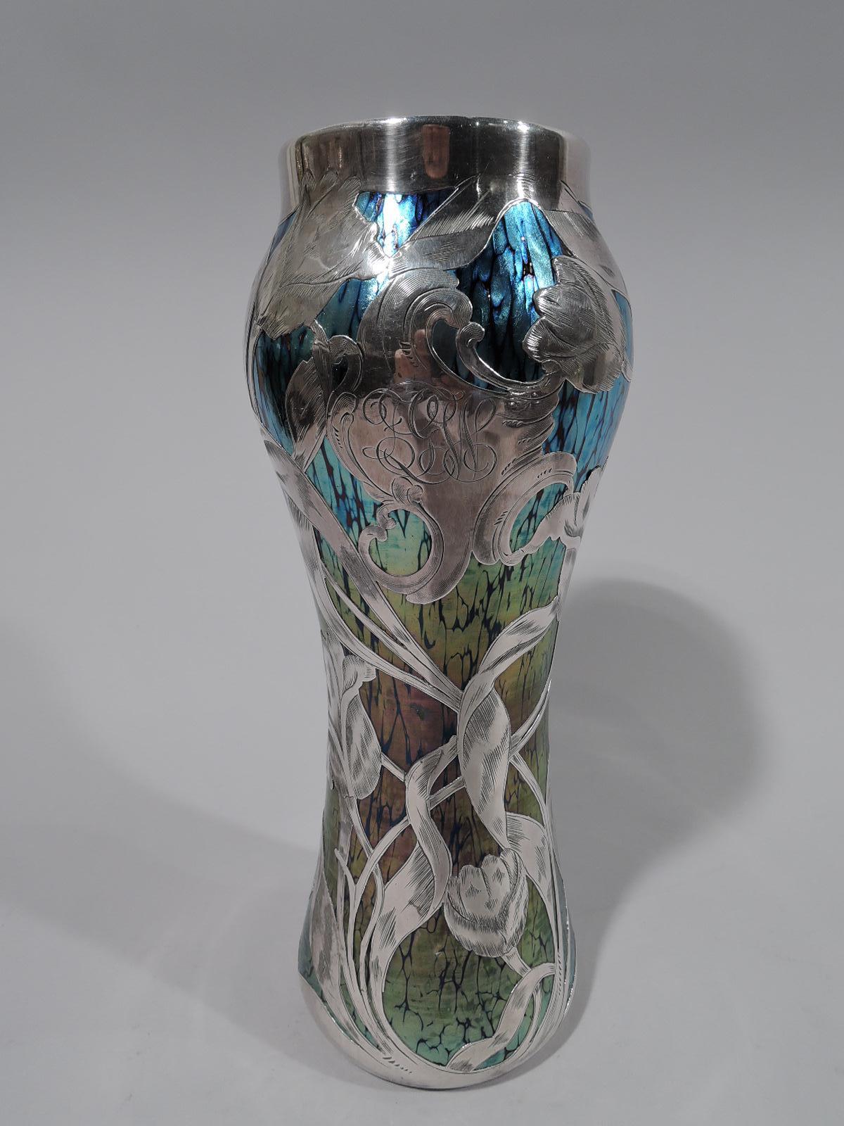 Czech Loetz Iridescent Glass & Silver Overlay Vase with Dramatic Blooms