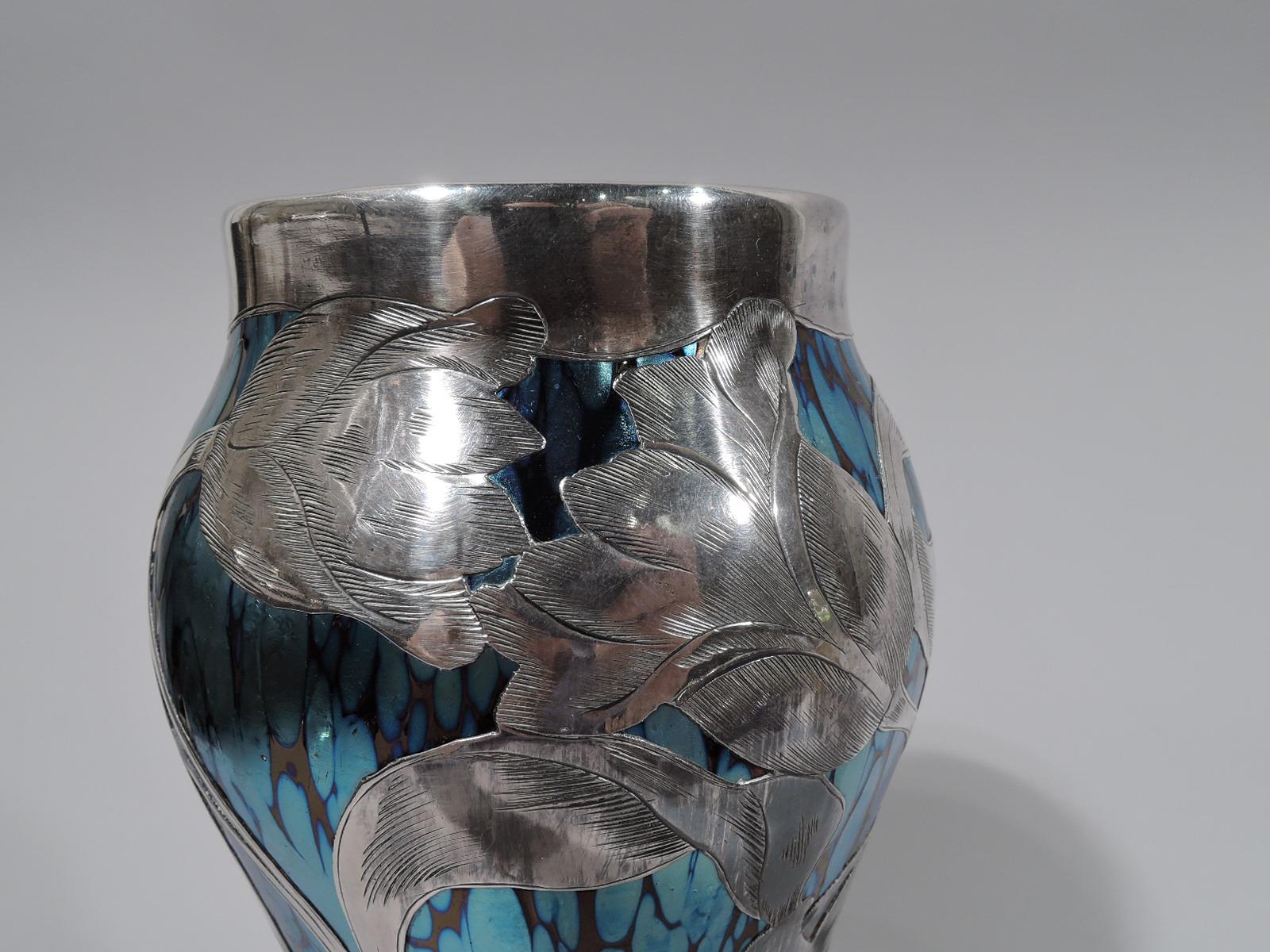 Loetz Iridescent Glass & Silver Overlay Vase with Dramatic Blooms In Excellent Condition In New York, NY