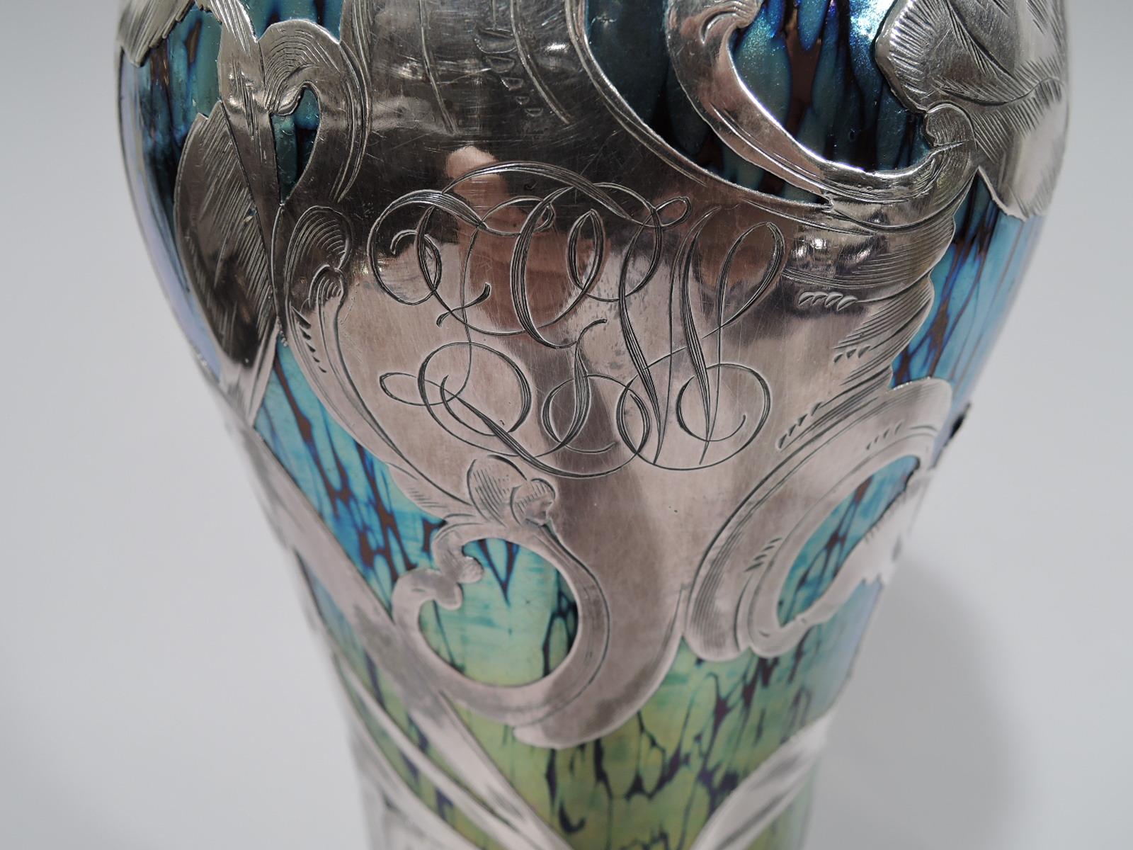 20th Century Loetz Iridescent Glass & Silver Overlay Vase with Dramatic Blooms