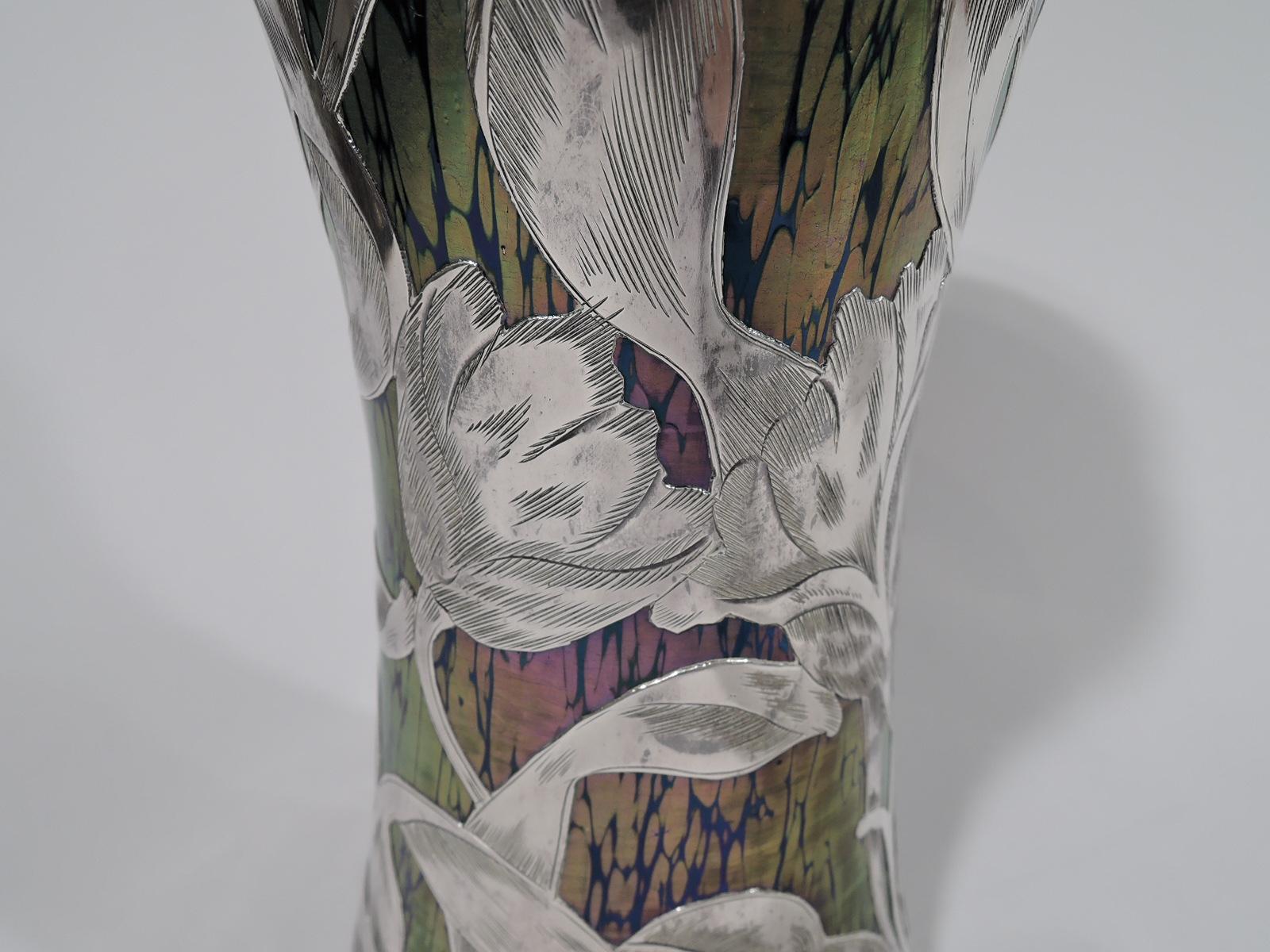 Loetz Iridescent Glass & Silver Overlay Vase with Dramatic Blooms 1