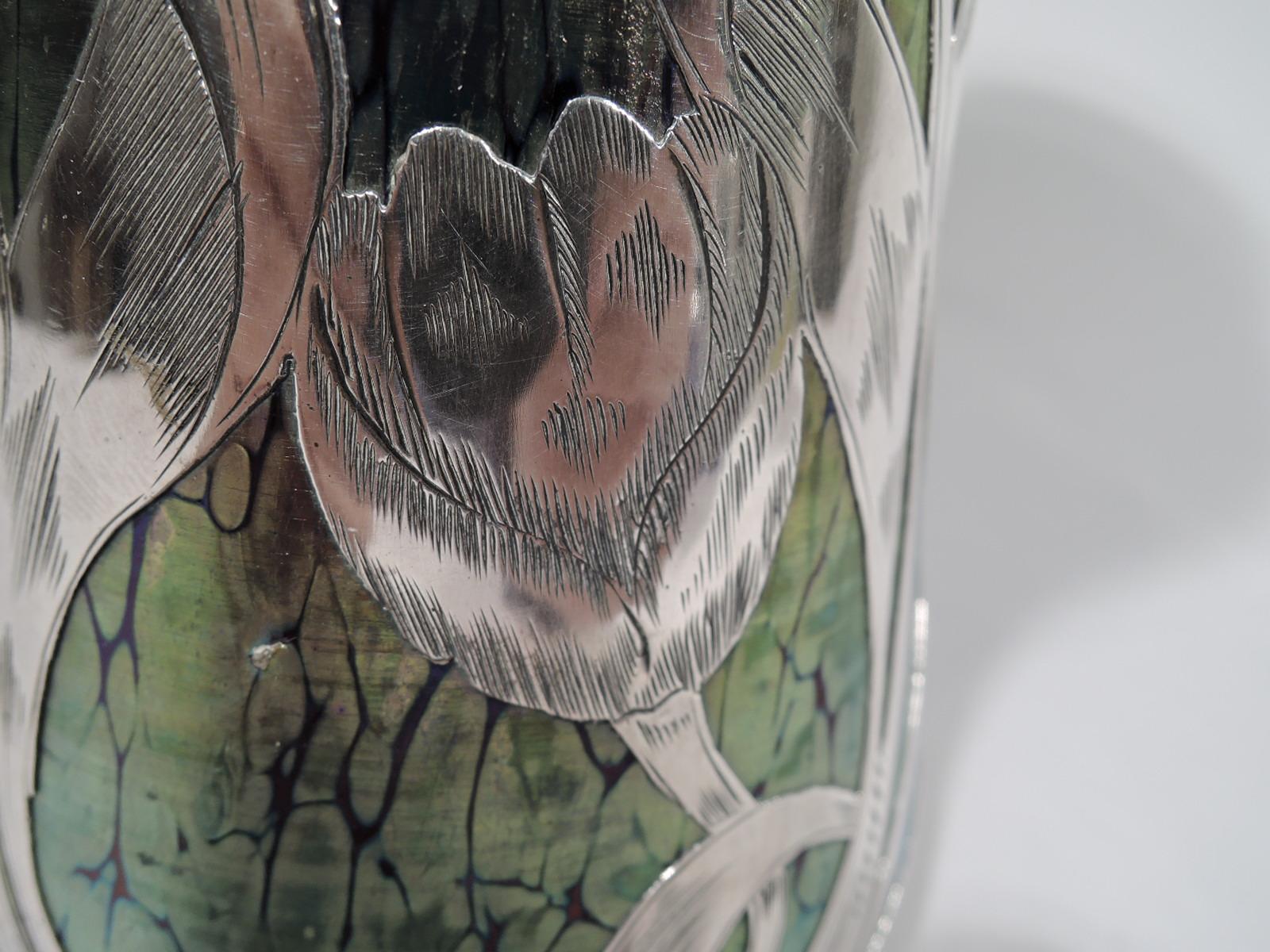 Loetz Iridescent Glass & Silver Overlay Vase with Dramatic Blooms 2