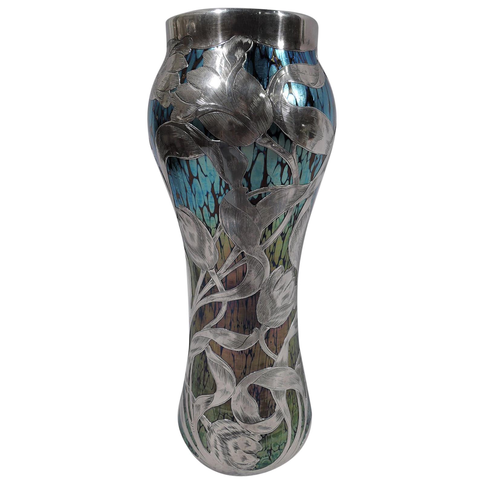 Loetz Iridescent Glass & Silver Overlay Vase with Dramatic Blooms