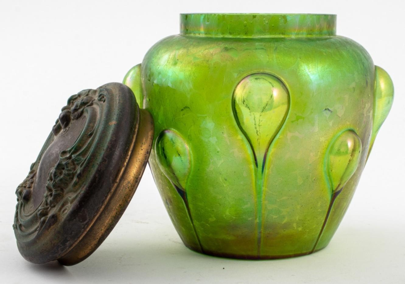 20th Century Loetz Jugendstil Green Glass Vase with Metal Lid