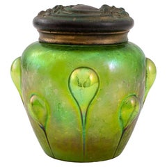Loetz Jugendstil Green Glass Vase with Metal Lid