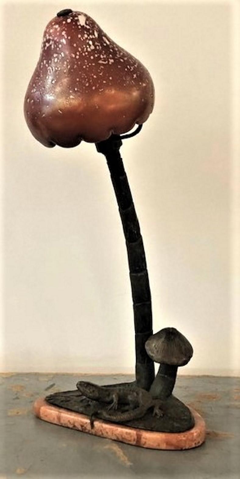 Jugendstil Loetz Jugenstil Art Glass, Bronze & Marble Lamp ‘Fly Agaric Mushroom’, ca. 1900 For Sale