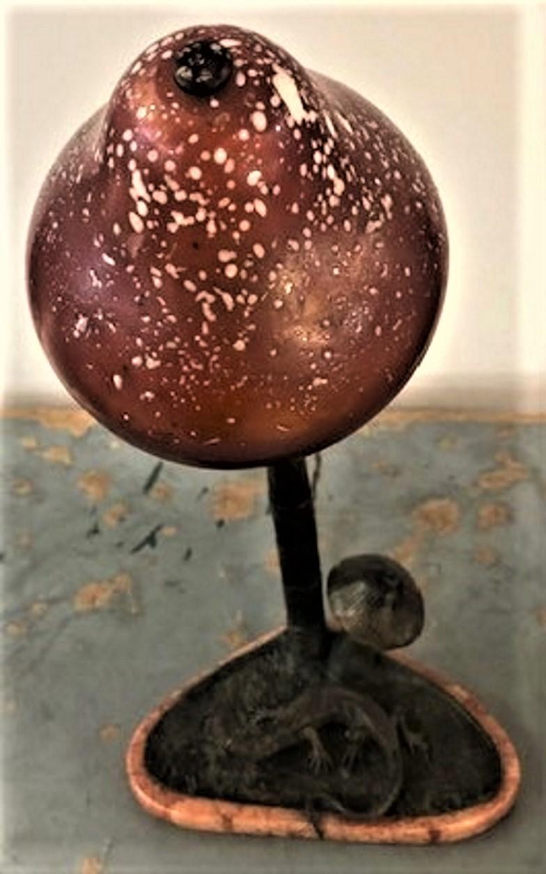 Czech Loetz Jugenstil Art Glass, Bronze & Marble Lamp ‘Fly Agaric Mushroom’, ca. 1900 For Sale