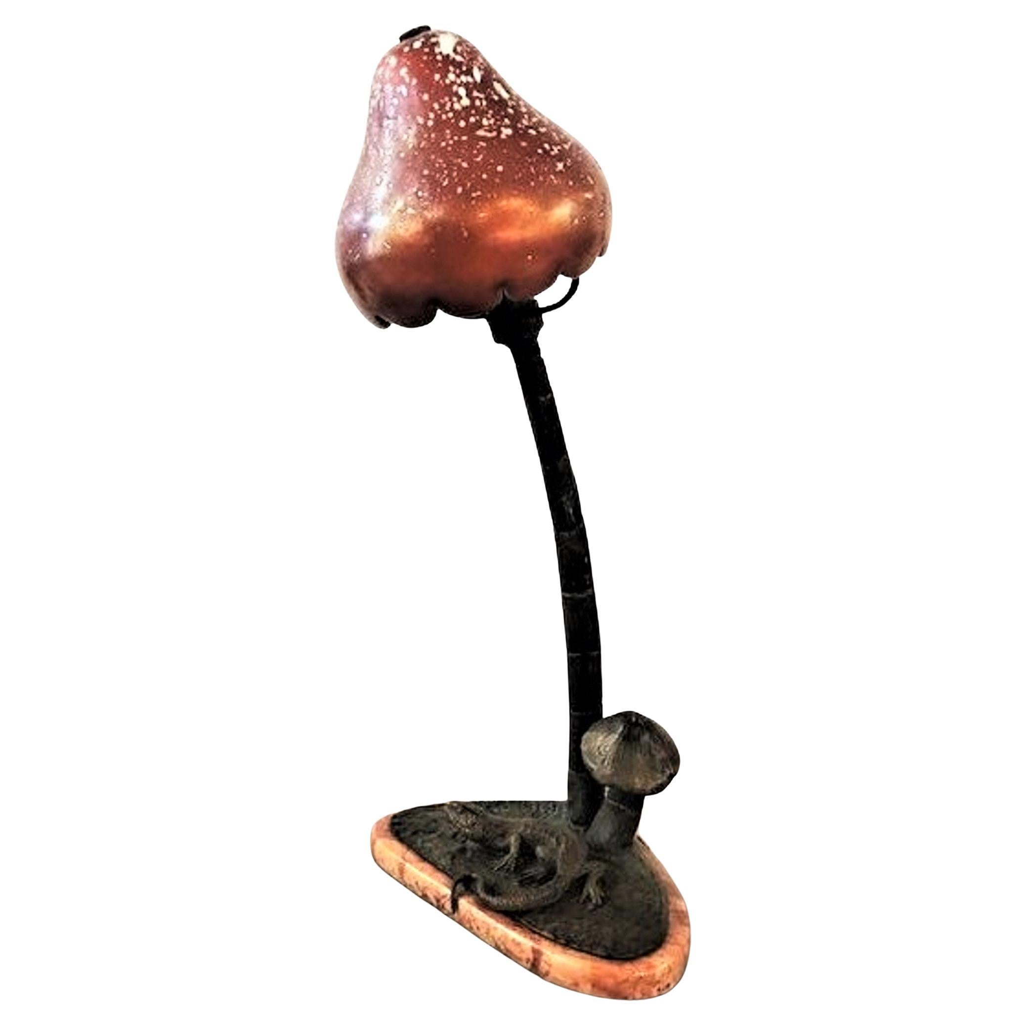 Loetz Jugenstil Art Glass, Bronze & Marble Lamp ‘Fly Agaric Mushroom’, ca. 1900 For Sale