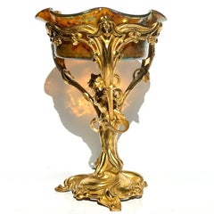 Loetz Oil Spot Glass And Gilt Metal Art Nouveau Compote Vase