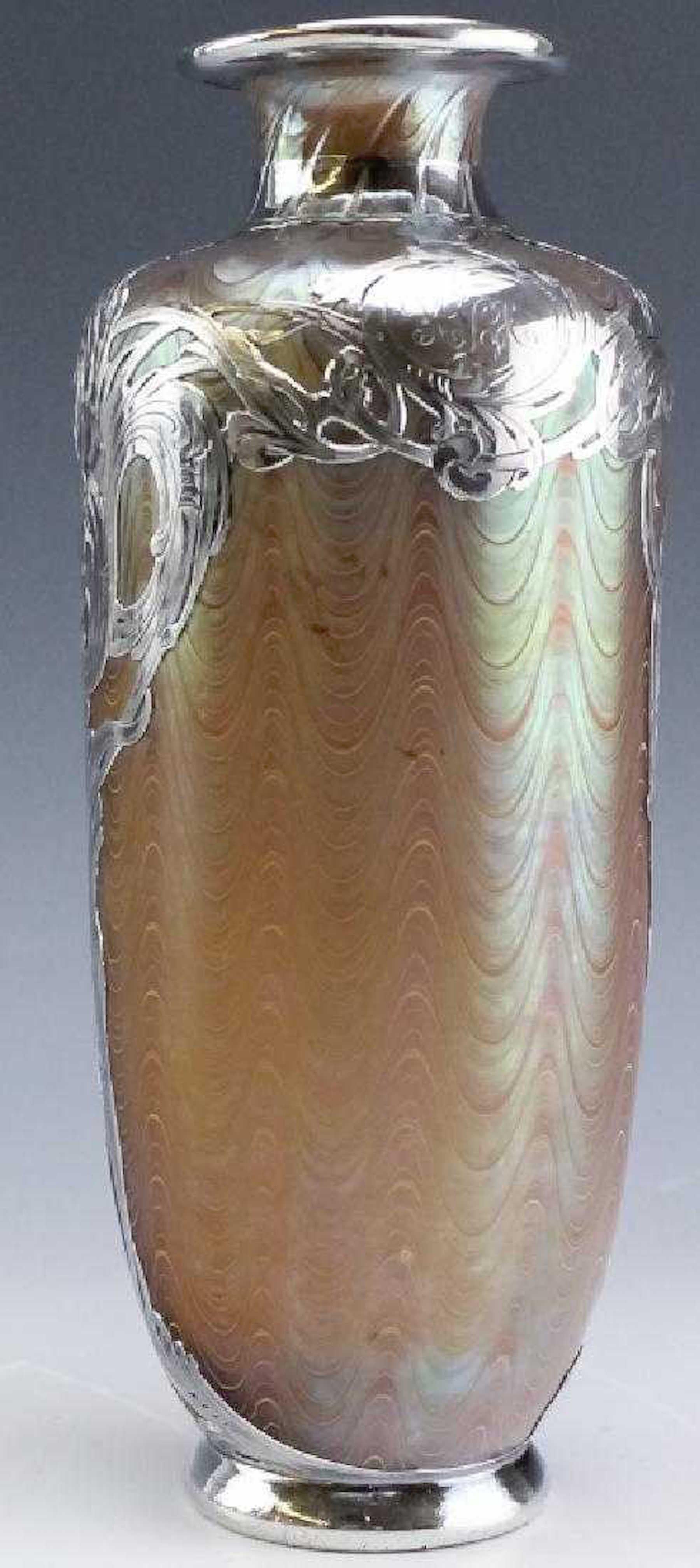 Austrian Loetz Phänomen Silver Overlay Vase, Engraved Loetz Austria