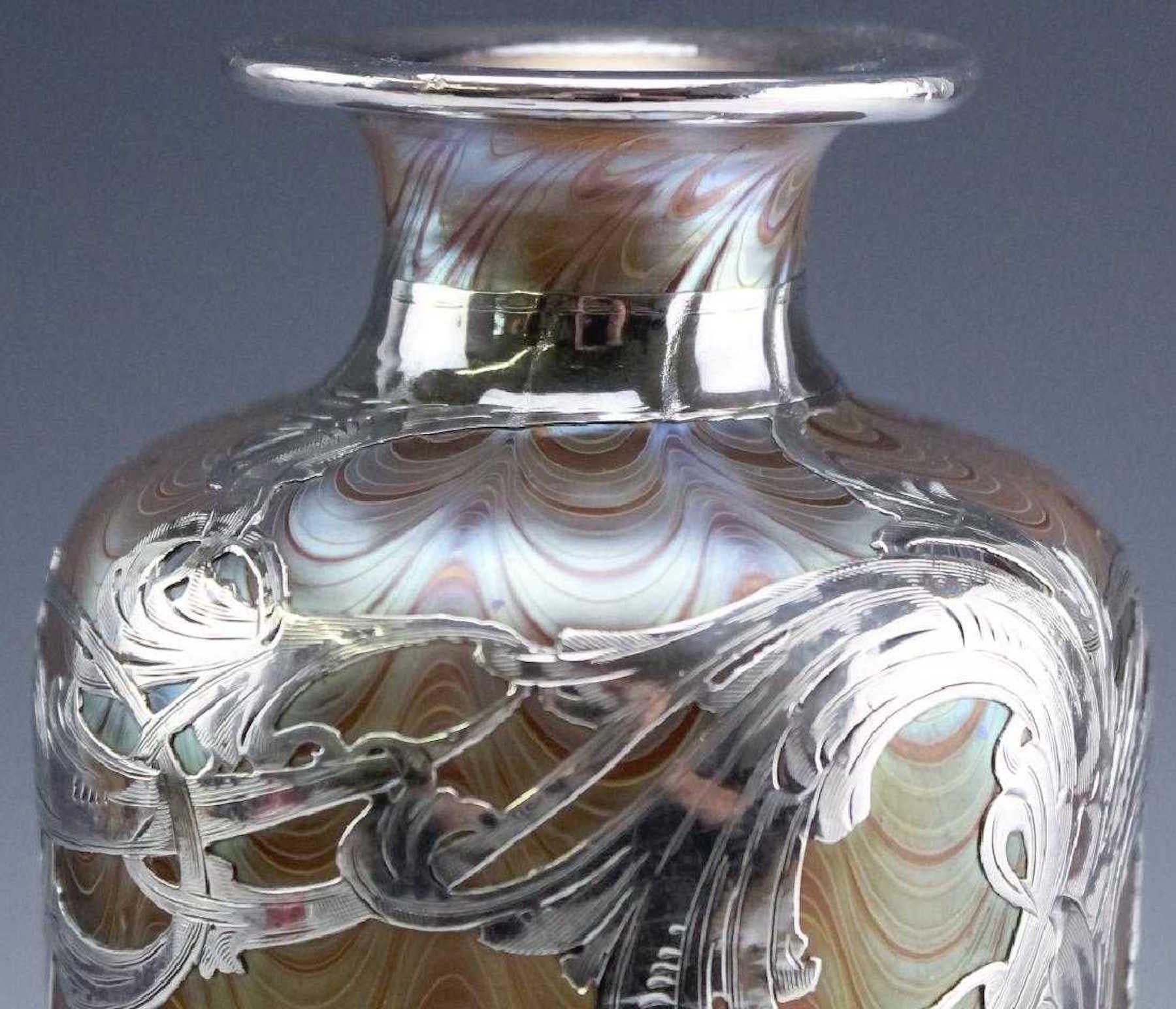 20th Century Loetz Phänomen Silver Overlay Vase, Engraved Loetz Austria