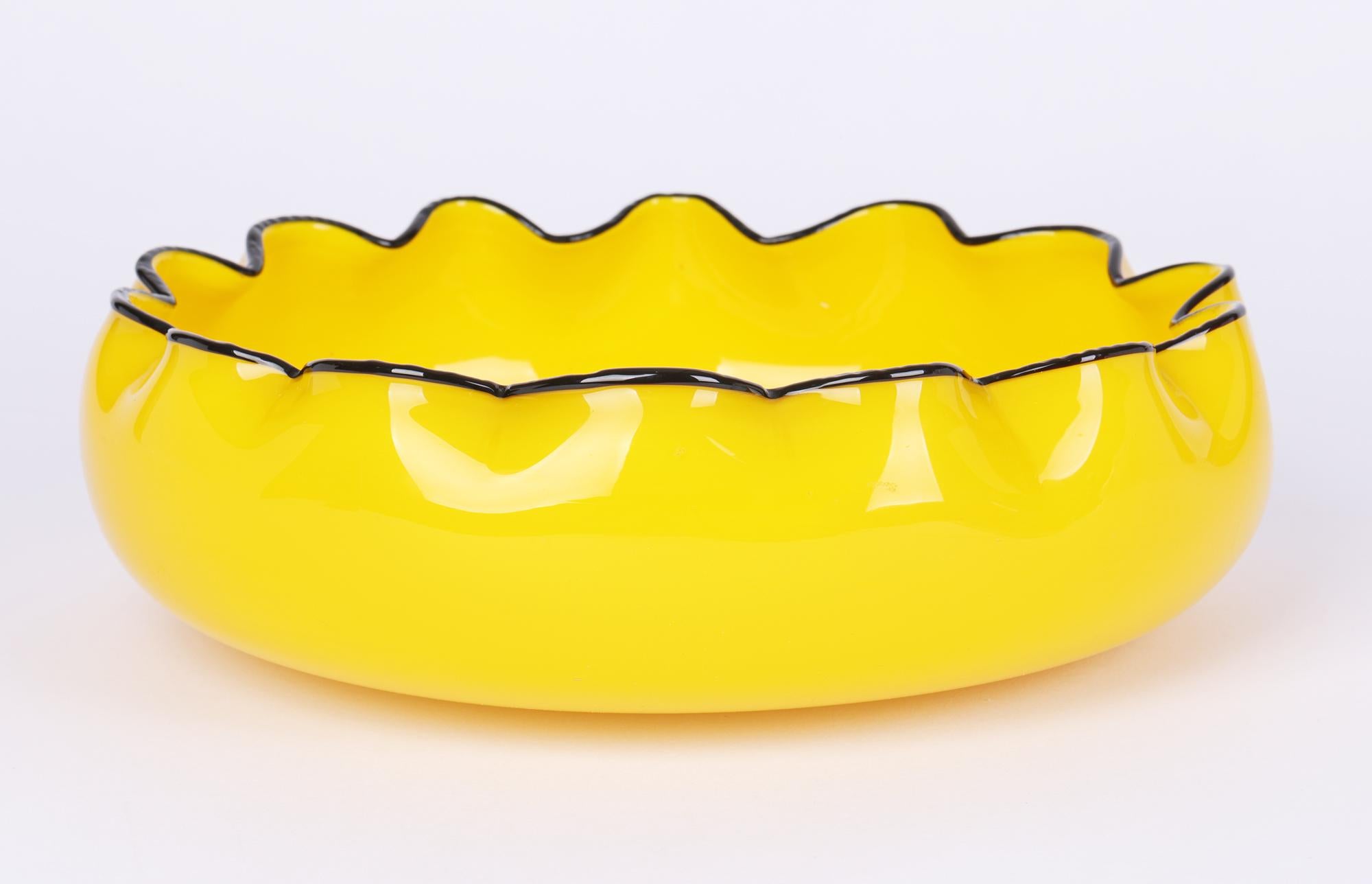Hand-Crafted Loetz Piped Rim Yellow Tango Art Glass Bowl by Michael Powolny